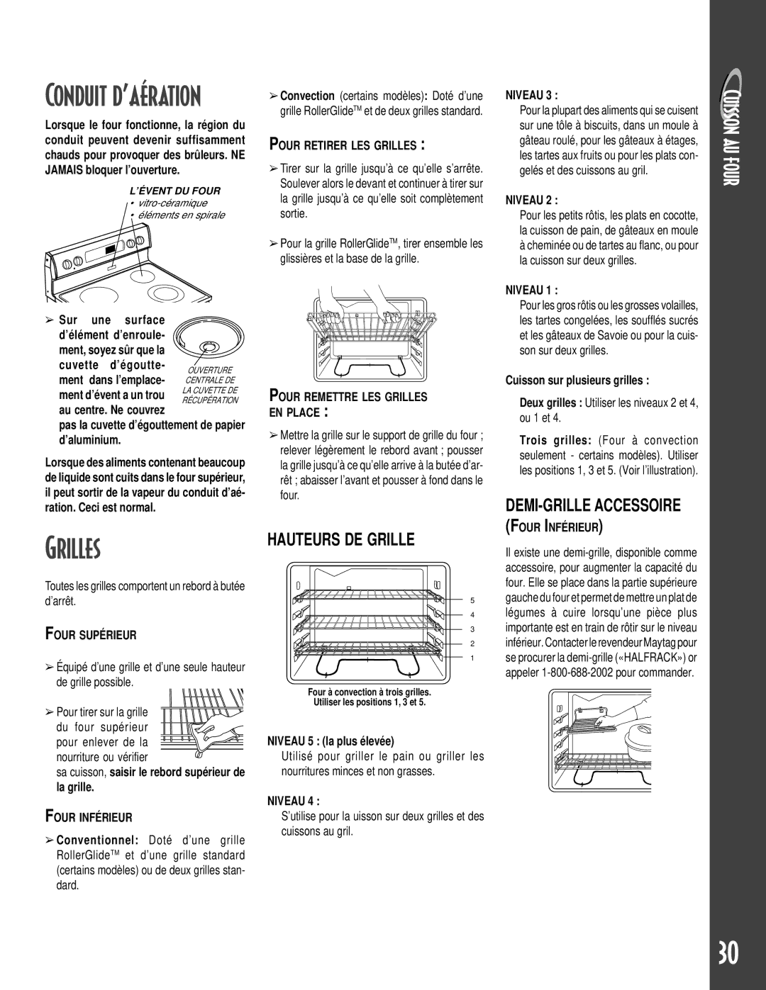 Maytag GEMINITM warranty Grilles, DEMI-GRILLE Accessoire, Hauteurs DE Grille 