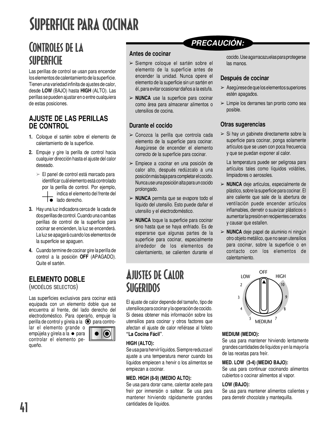 Maytag GEMINITM warranty Superficie para cocinar, Controles de la, Ajustes de Calor Sugeridos, Precaució N 