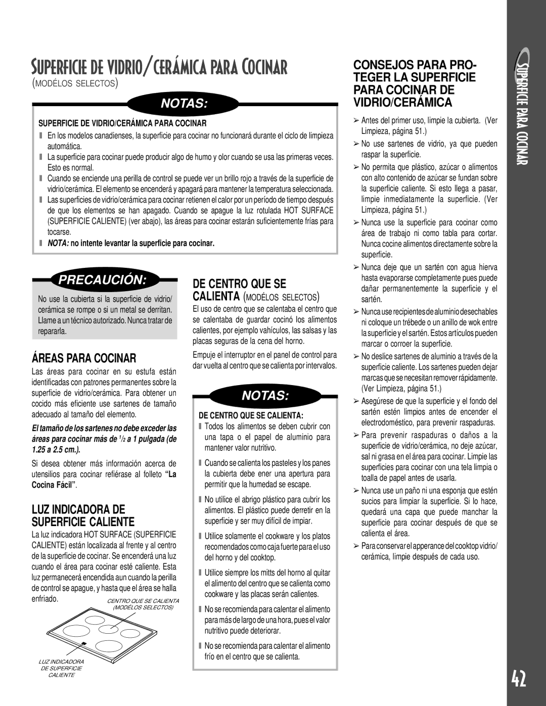 Maytag GEMINITM warranty Notas, Reas Para Cocinar, LUZ Indicadora DE Superficie Caliente, DE Centro QUE SE 