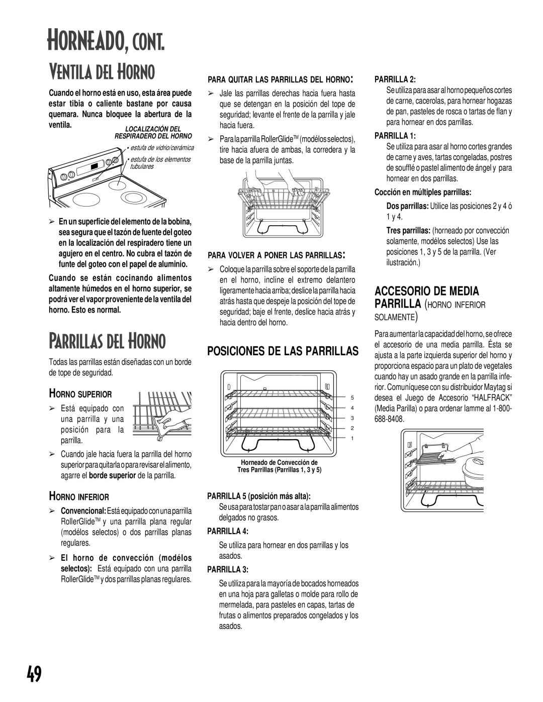 Maytag GEMINITM warranty Accesorio DE Media, Posiciones DE LAS Parrillas, Horno Inferior, Parrilla 5 posició n má s alta 