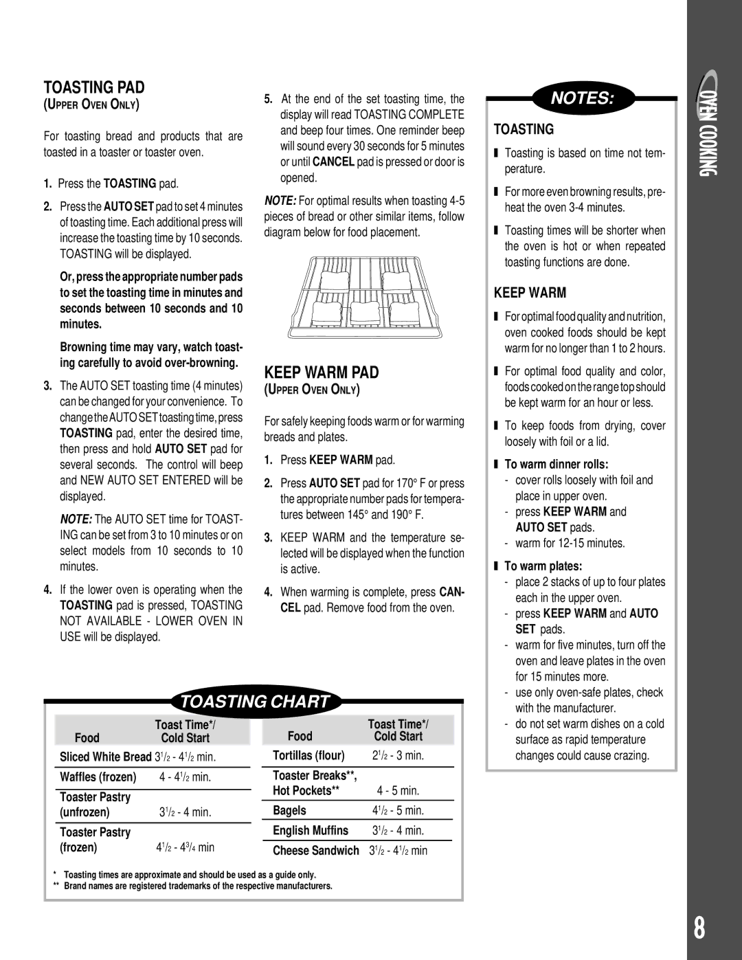 Maytag GEMINITM warranty Toasting PAD, Keep Warm PAD, Toasting Chart 