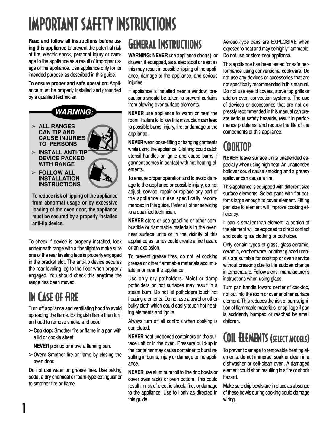 Maytag GEMINITM Important Safety Instructions, In Case of Fire, Cooktop, General Instructions, Coil Elements select models 