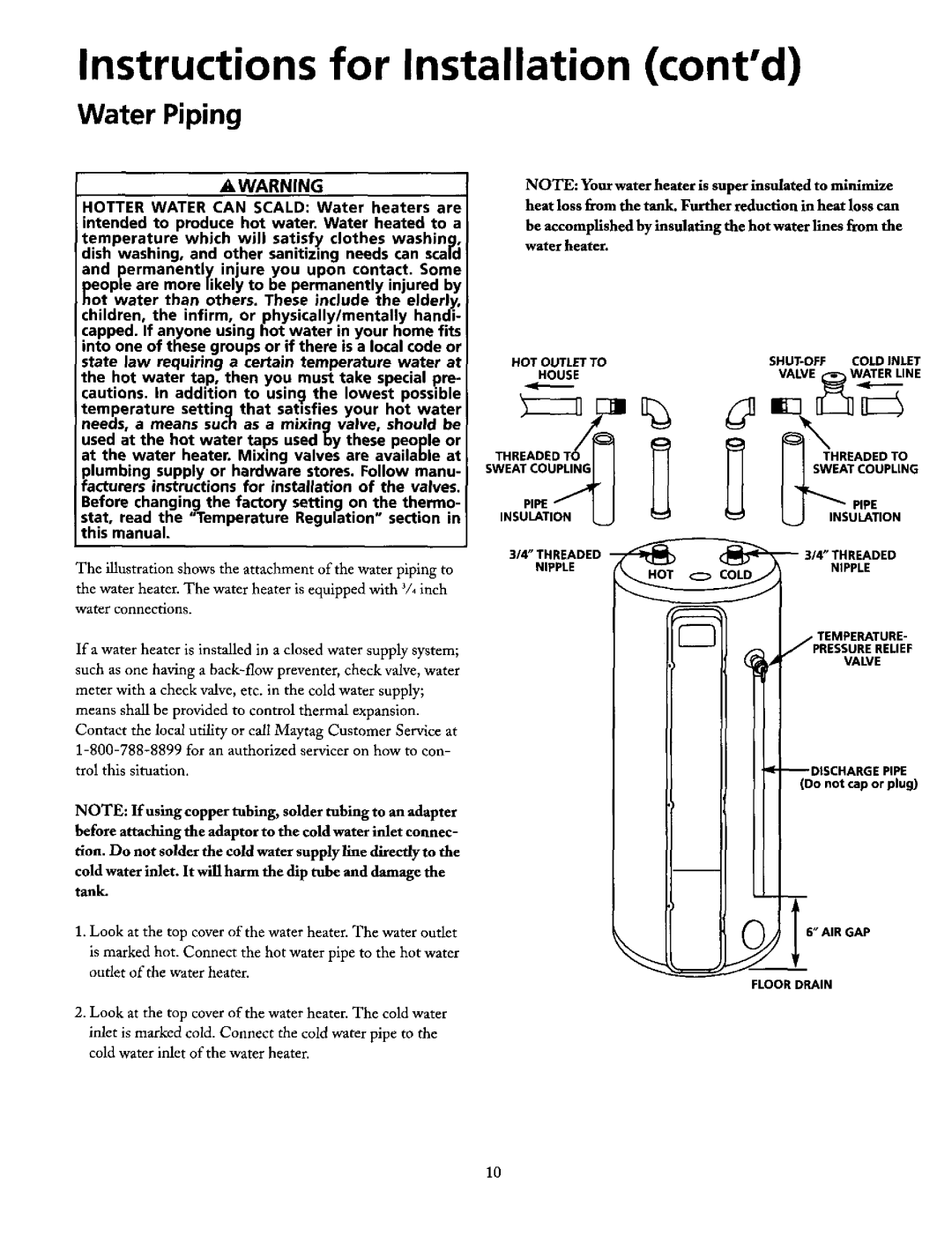 Maytag HE21250PC, HE21282PC operating instructions Instructions for Installation contd, Water Piping 