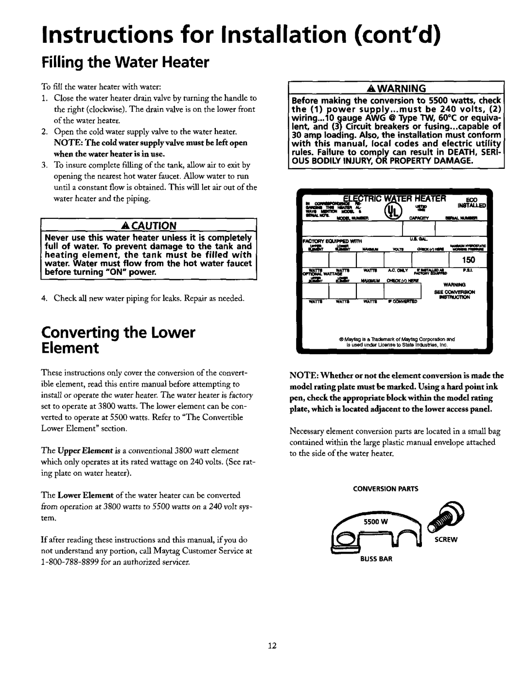 Maytag HE21250PC, HE21282PC Instructions for Installation contd, Filling the Water Heater, Converting the Lower Element 