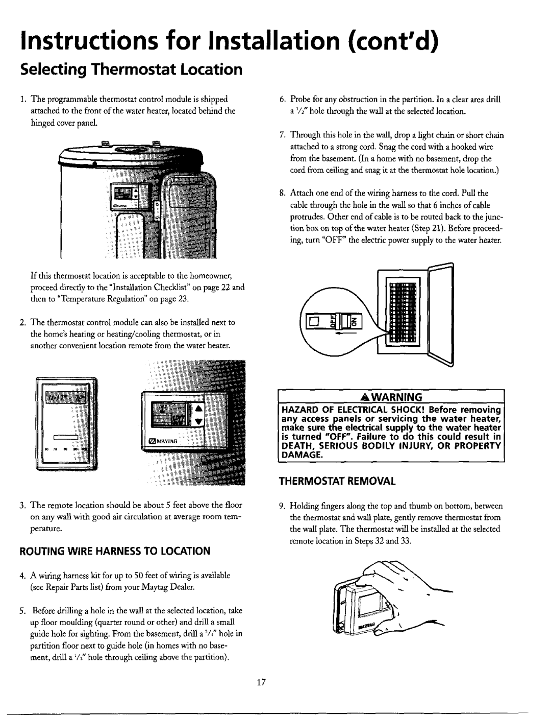 Maytag HE21282PC, HE21250PC Selecting Thermostat Location, DEATH, Serious Bodily INJURY, or Property Damage 