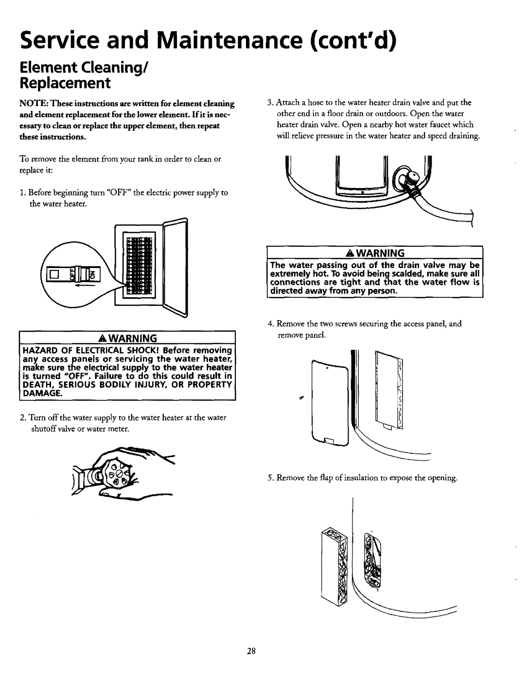 Maytag HE21250PC, HE21282PC operating instructions Service and Maintenance contd, Element Cleaning, Replacement 