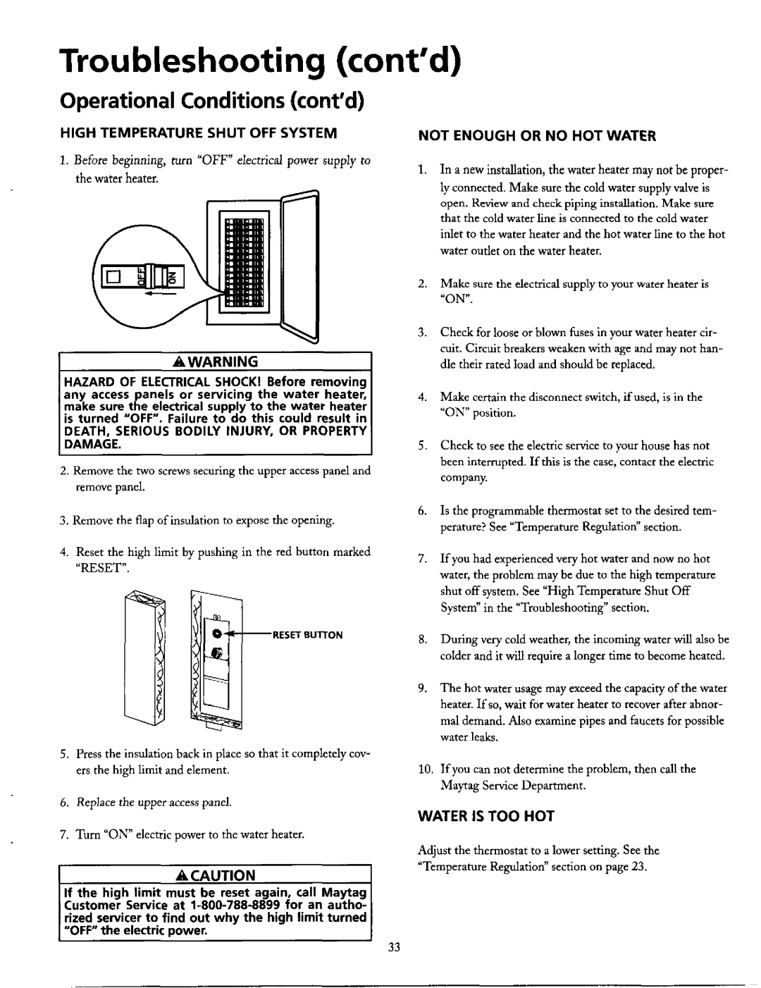 Maytag HE21282PC, HE21250PC operating instructions Troubleshooting contd, Not EN Ough or no HOT Water, Water is TOO HOT 