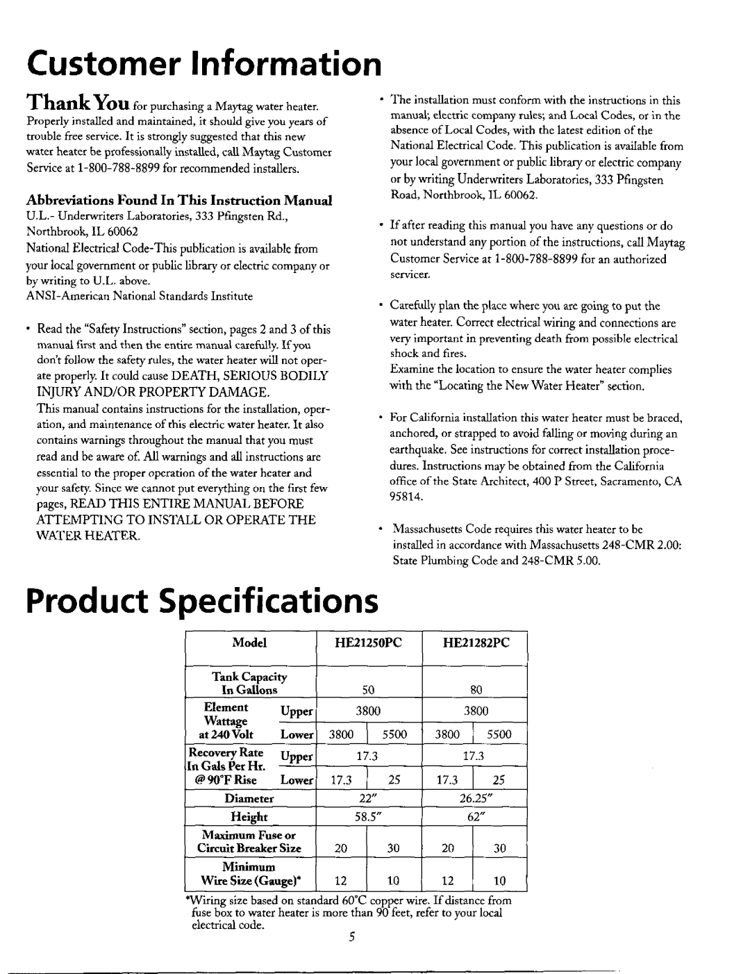 Maytag HE21282PC, HE21250PC operating instructions Customer Information, Product Specifications 