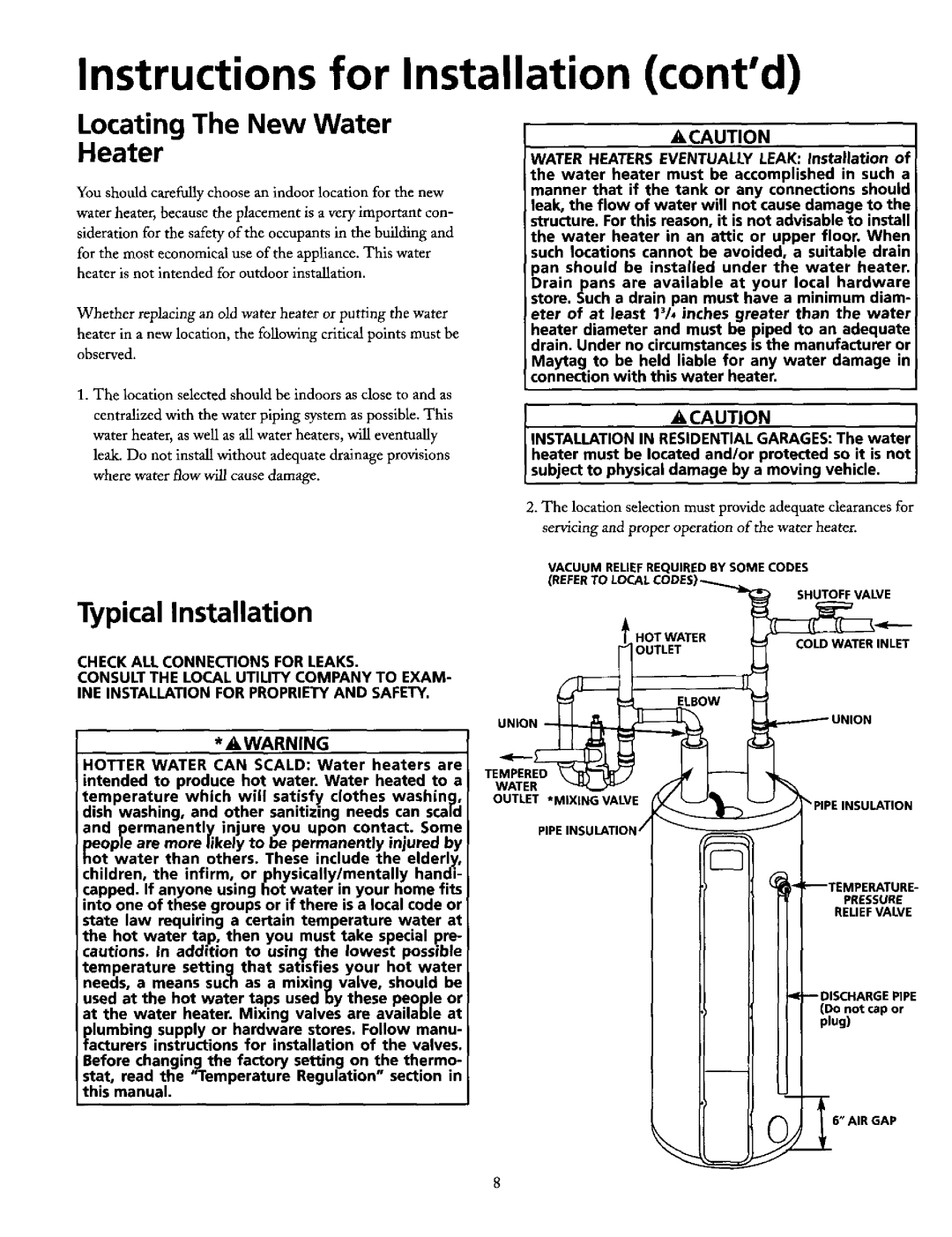 Maytag HE21250PC, HE21282PC Instructions for Installation contd, Locating The New Water Heater, Typical Installation 