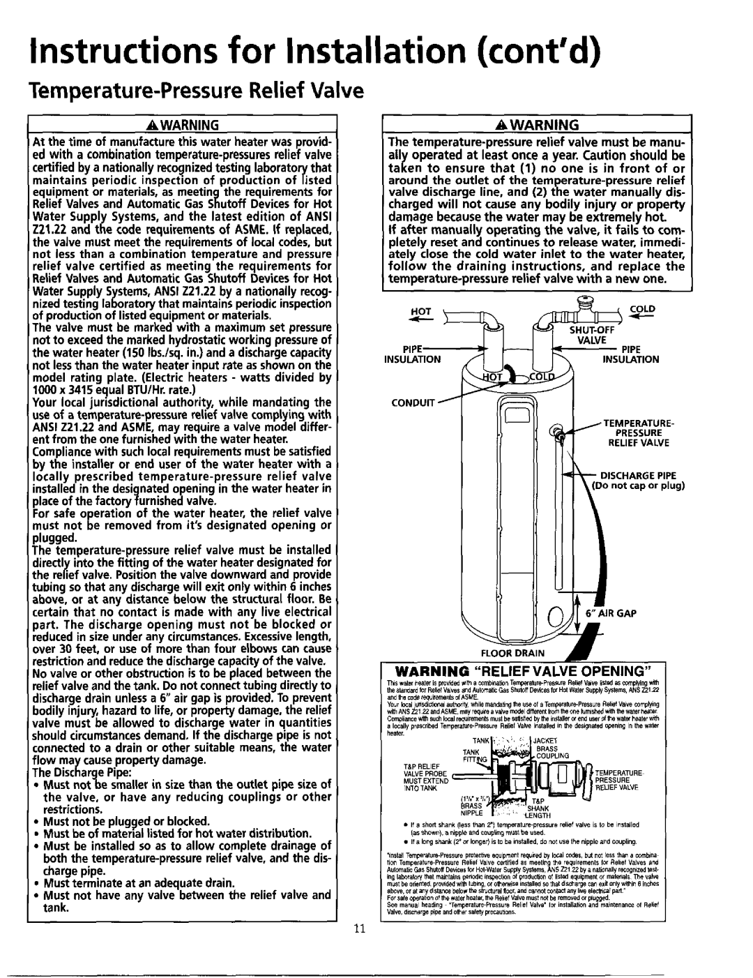 Maytag HE21282PC, HE21250PC operating instructions Temperature-PressureRelief Valve, Instructions for Installation contd 