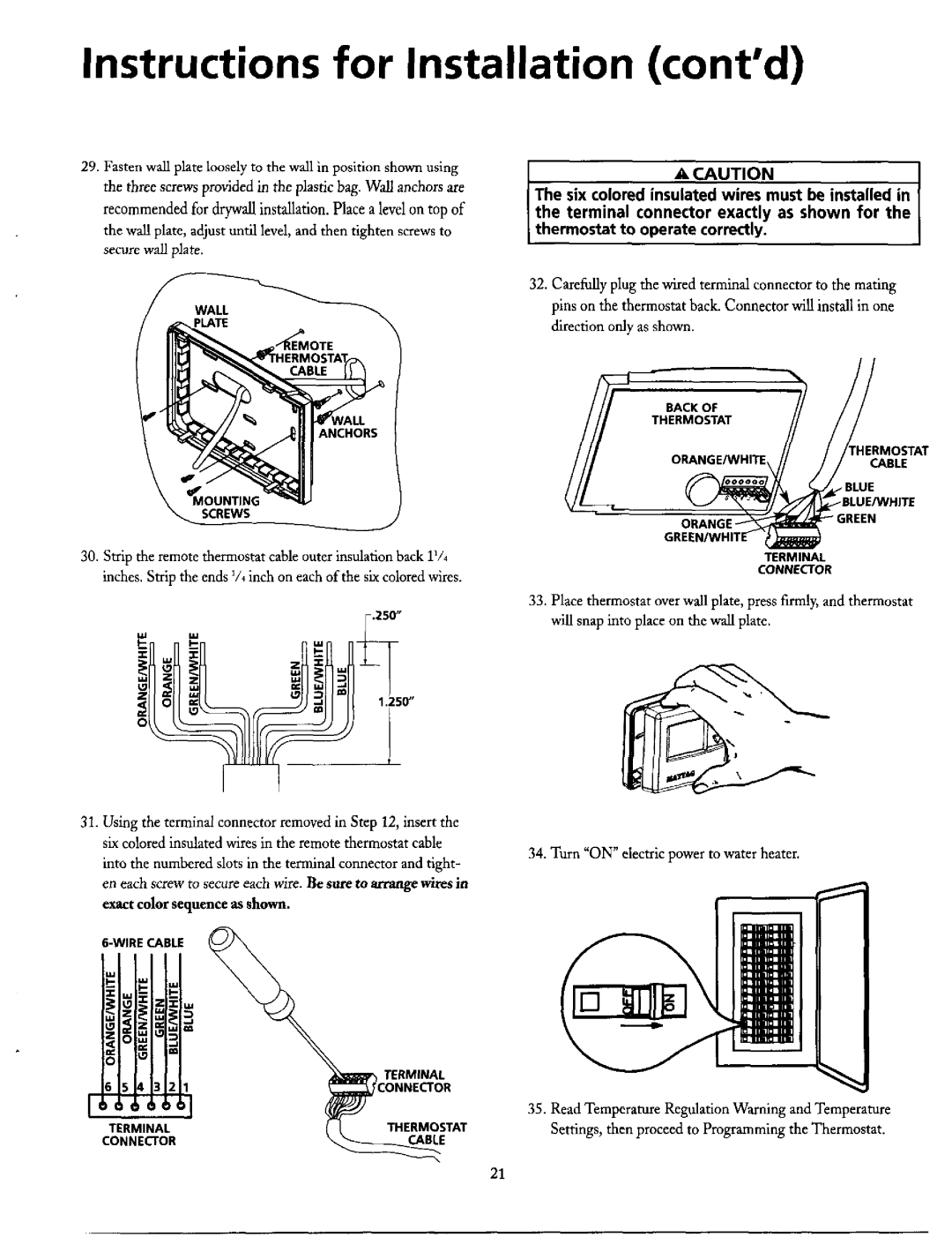 Maytag HE21282PC O.Nge/Wh,Tet.E--O T, Instructions for Installation contd, Wall, Screws, 250, I . , Connector, Terminal 