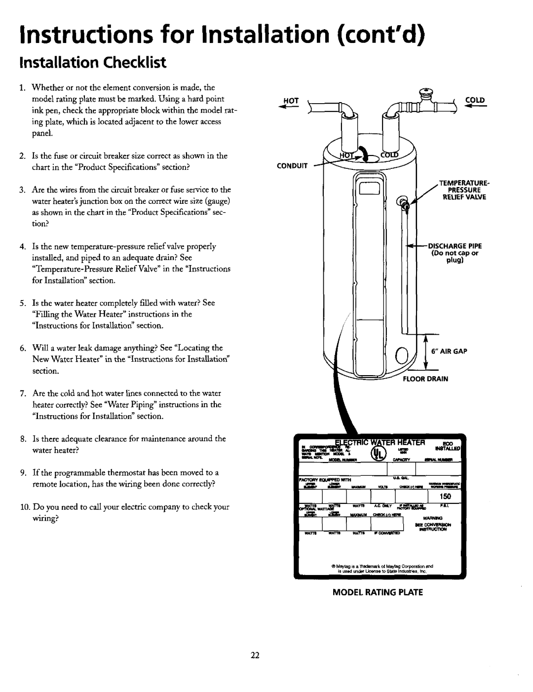 Maytag HE21250PC Instructions for Installation contd, Installation Checklist, Cold, Temperature Pressure Reliefvalve 