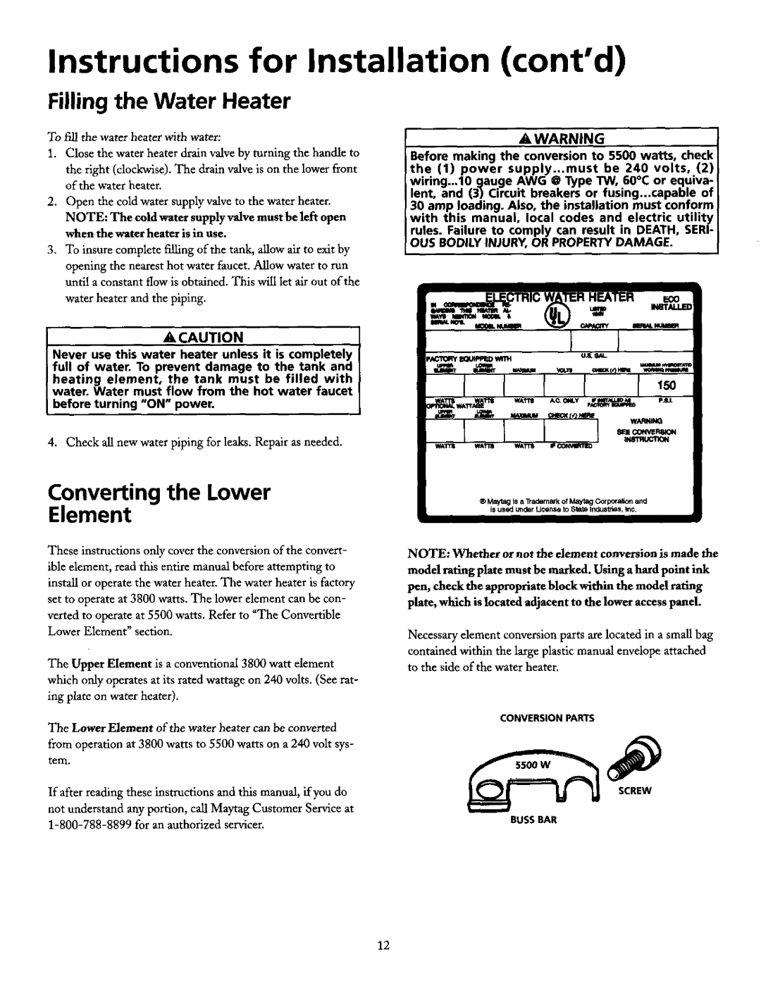 Maytag HE21240S, HE31250T, HE31250S, HE31282T, HE31240S, HE21250T, HE21250S Instructions for Installation contd, Bussbar 