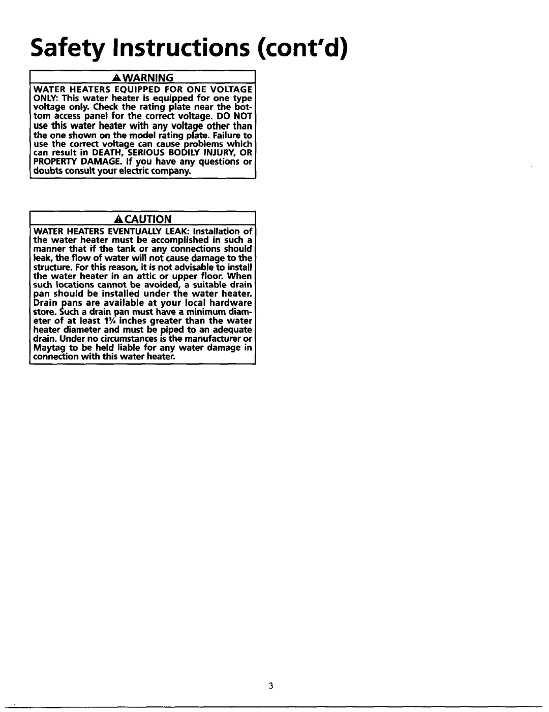 Maytag HE31240S, HE31250T, HE31250S, HE31282T, HE21240S, HE21250T Safety Instructions contd, Water Heatersor ONE Voltage 