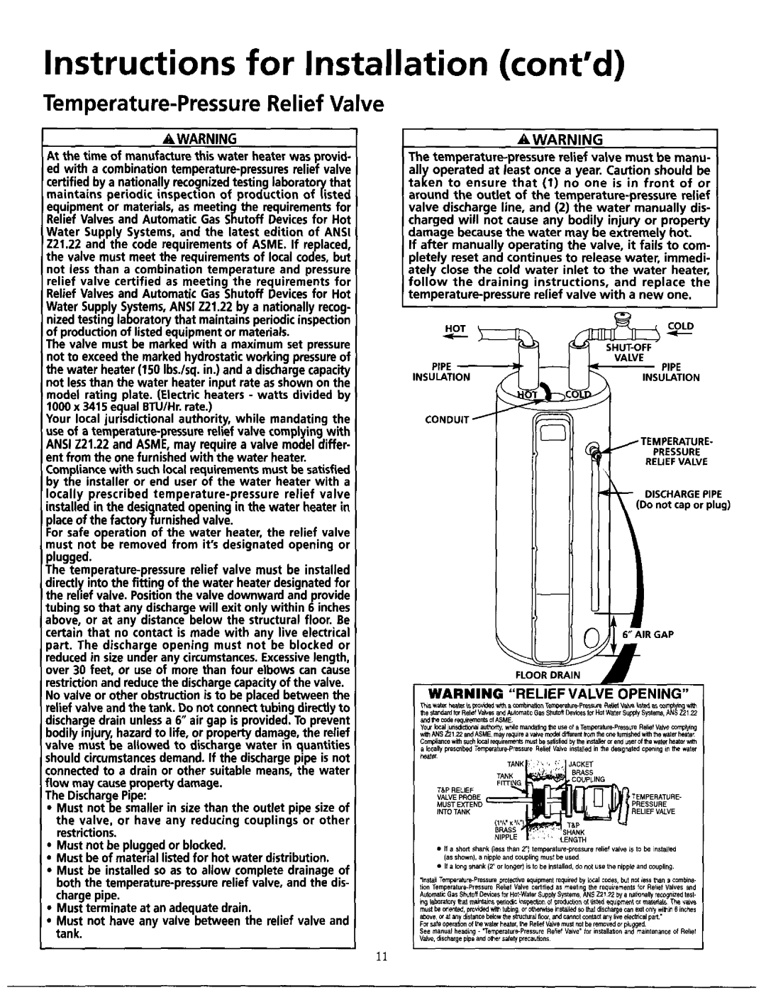 Maytag HE31240S tank, Instructions for Installation contd, Temperature-PressureRelief Valve, to life, or property damage 