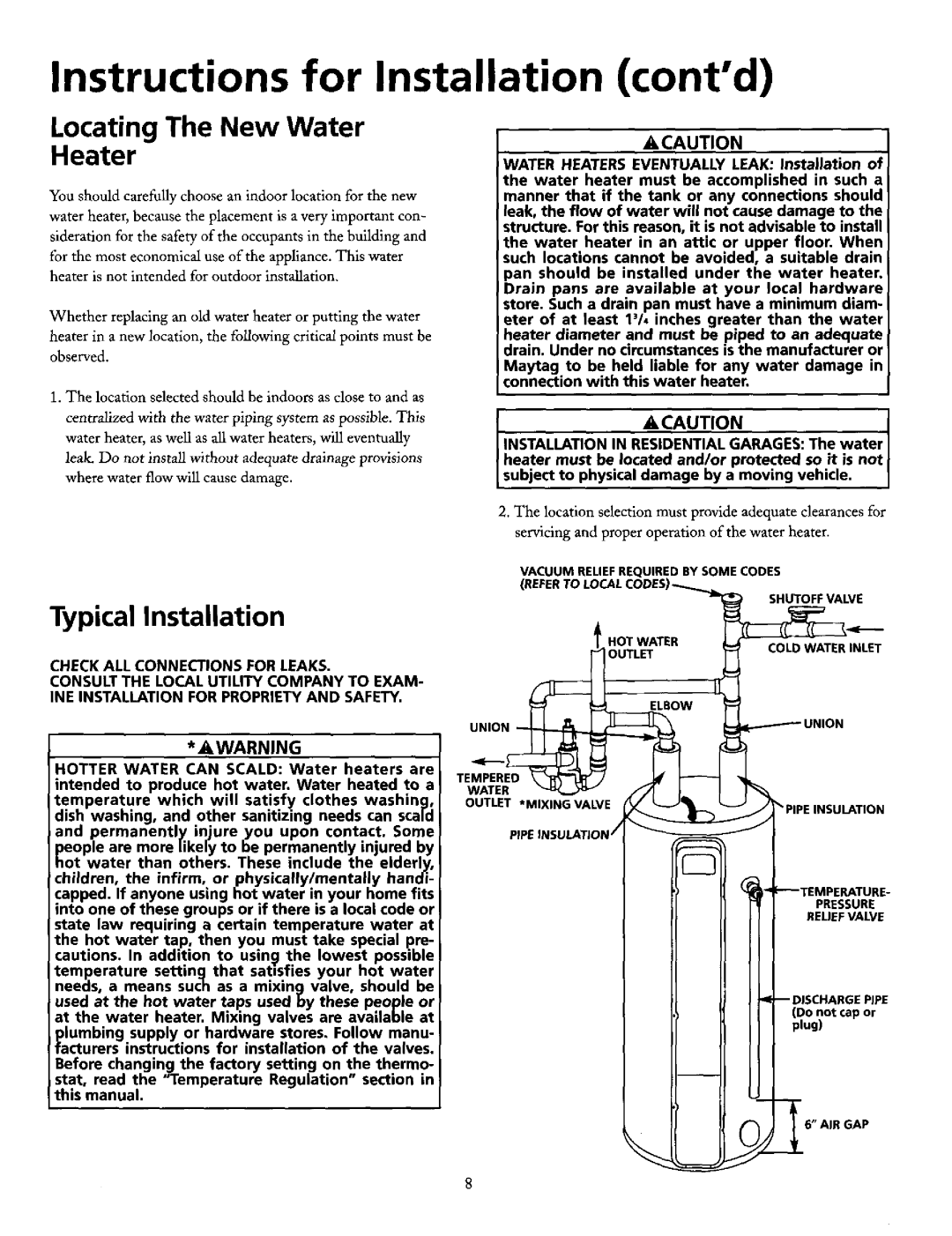 Maytag HE31250T, HE31250S, HE31282T, HE31240S Instructions for Installation contd, Locating The New Water Heater, Acaution 