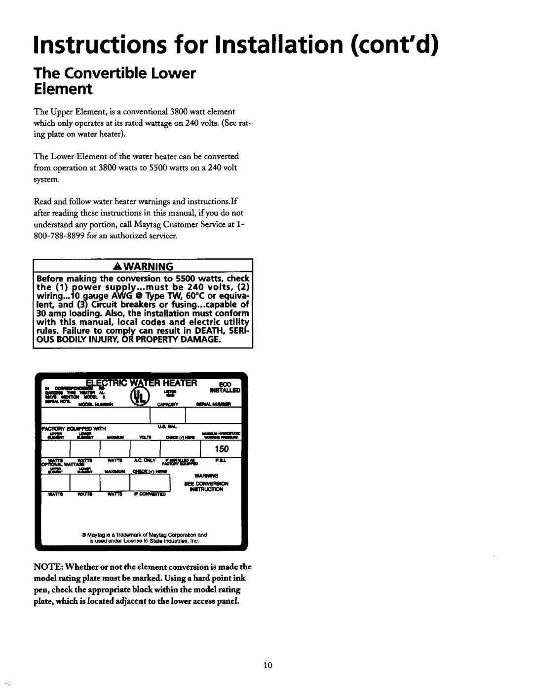 Maytag HE2930T manual Instructions for Installation contd, Convertible Lower Element, OUS BOD LY NJURY, or Property Damage 