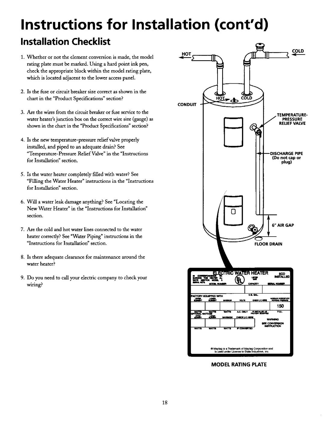 Maytag HE3966T manual Conduit Temperature Pressure Reliefvalve, Do not capor plug, Airgap, Floordrain, Model Rating Plate 