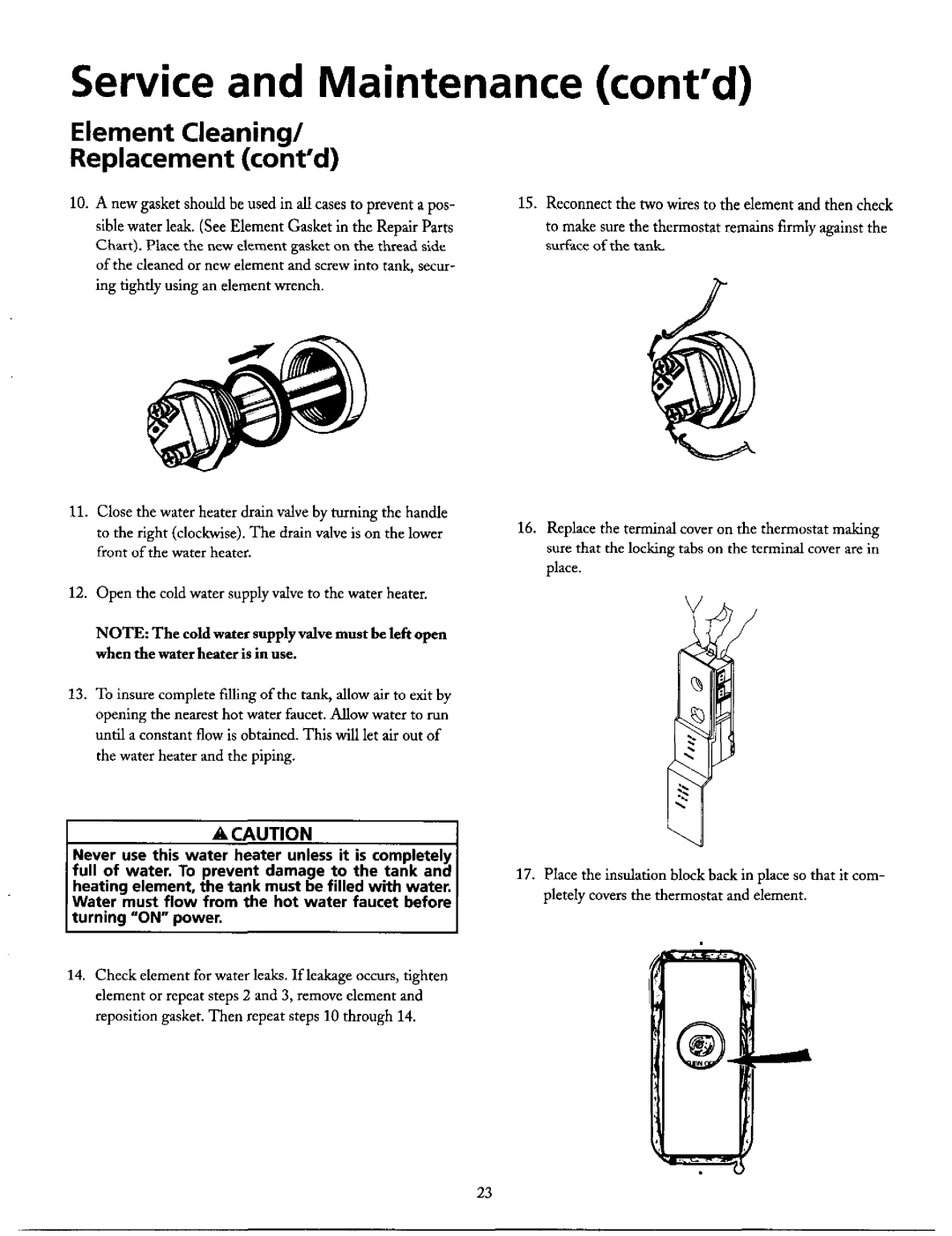 Maytag HE2940L, HE3940T, HE3940L, HE3950T, HE3940S, HE3966T, HE3950S, HE3930T, HE2950T manual Element Cleaning, Replacement contd 