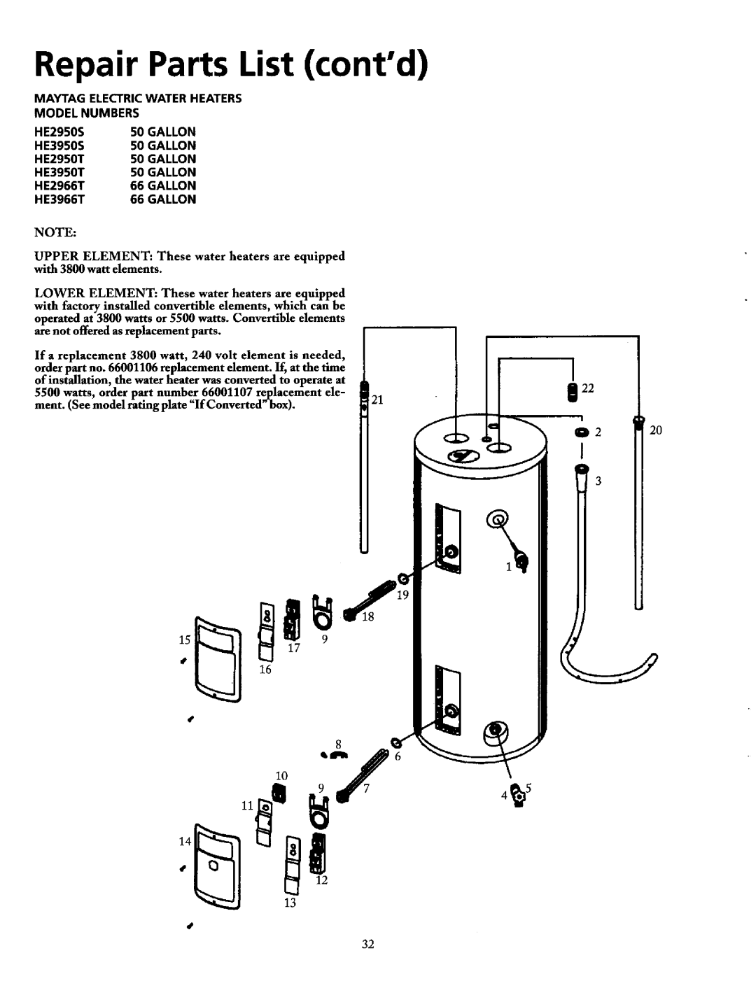 Maytag HE3966T, HE3940T, HE3940L, HE3950T, HE3940S, HE3950S, HE3930T, HE2950T Wa tts, order p art numb 6600 110 7 r lacemen t 