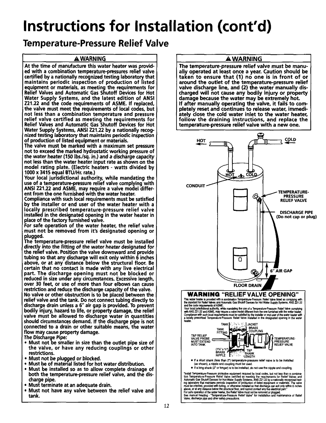 Maytag HE2966T, HE3940T, HE3940L, HE3950T, HE3940S manual Instructions for Installation contd, Temperature-PressureRelief Valve 
