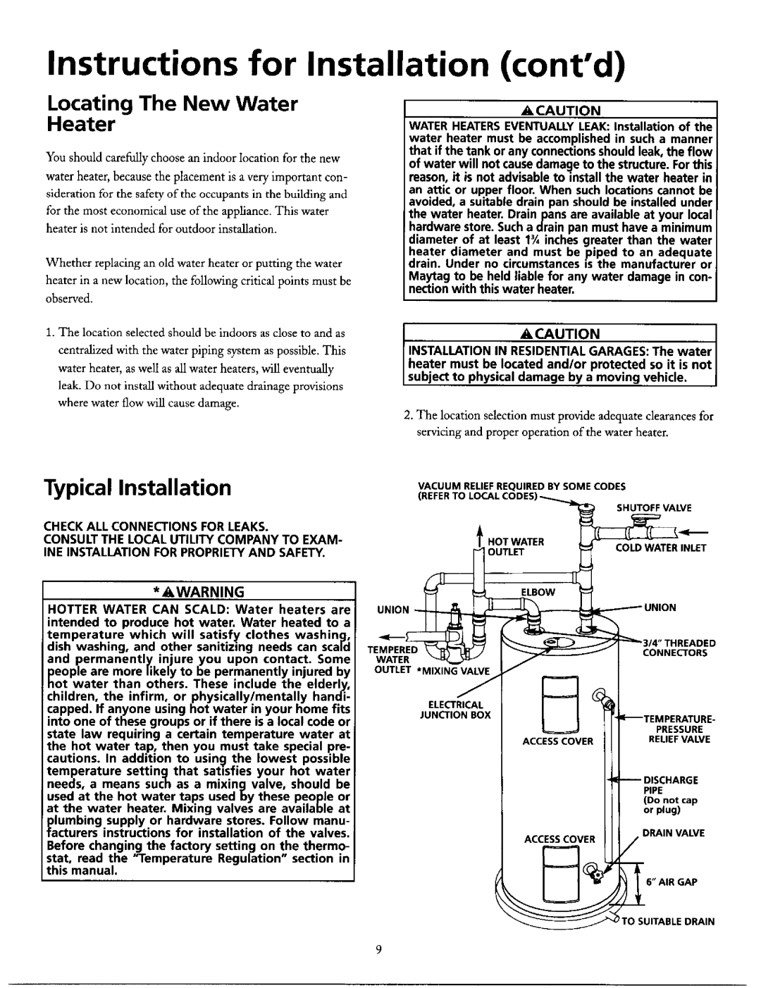 Maytag HE2940L Instructions for Installation contd, Locating The New Water, Heater, Acaution, Typical Installation, Elbow 