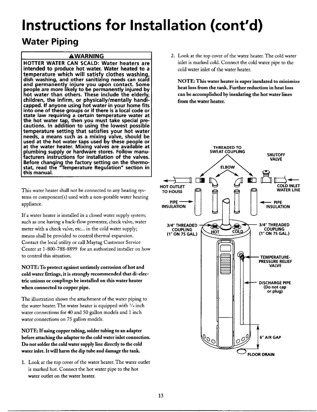 Maytag HN41240X Hotter, Threadedto, Sweatcoupling, Valve, Hotoutlet, Sut Ff, Coldinlet, Pipe, Insulation, Coupling, Airgap 