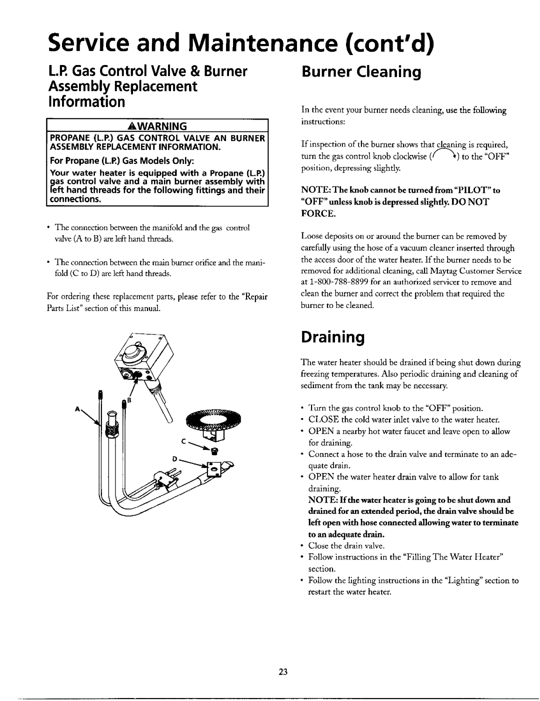 Maytag HN41240X Service and Maintenance contd, GasControl Valve & Burner Assembly Replacement Information, Burner Cleaning 