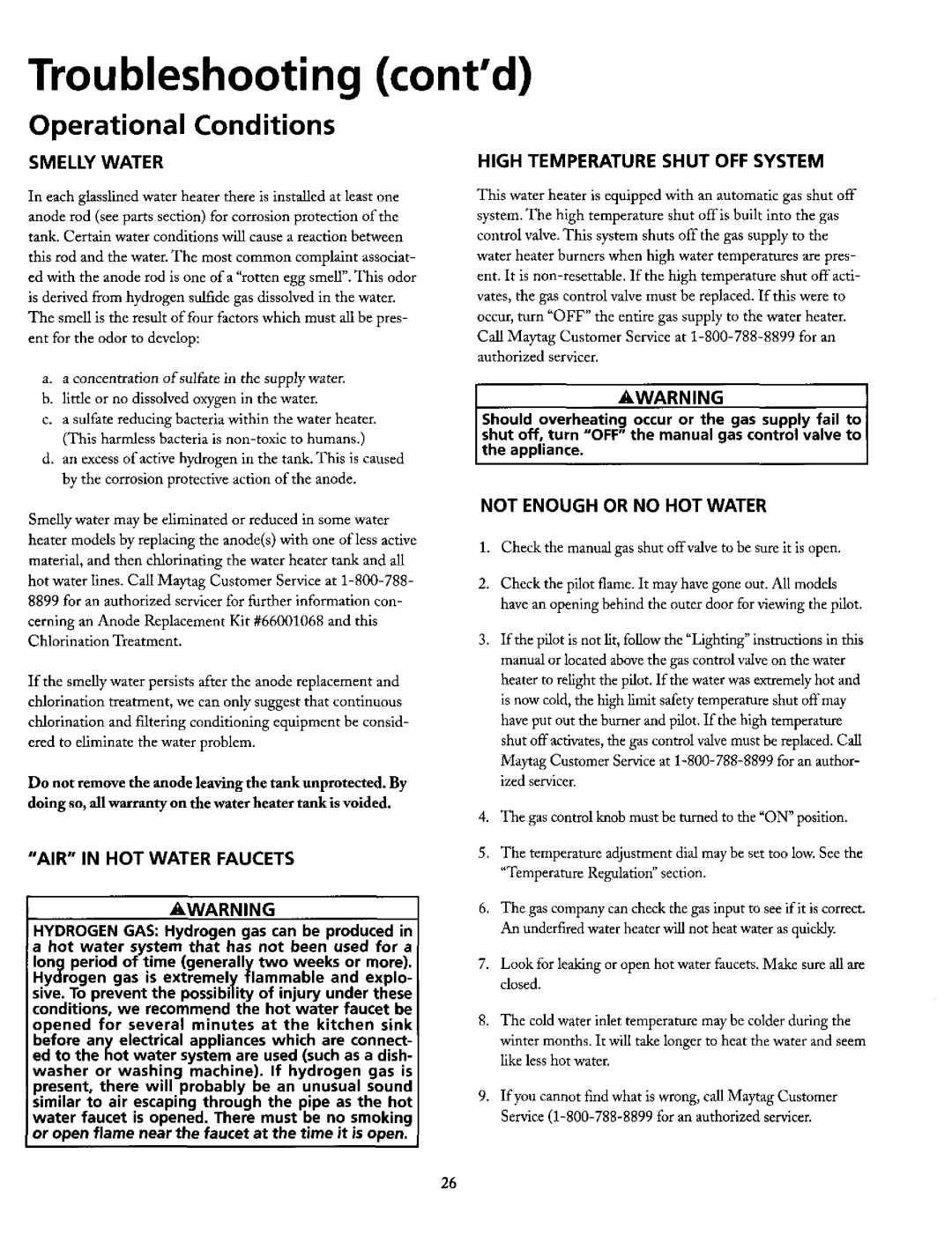 Maytag HN51240X, HN41240X manual Troubleshooting contd, AIR in HOT Water Faucets Awarning 