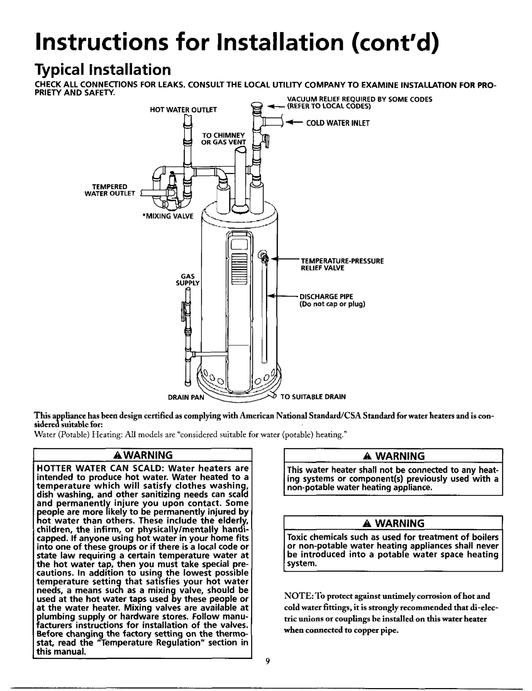 Maytag HN41240X, HN51240X manual Instructions for Installation contd, Watertemper Outletd Mixingvalve, Reliefvalve 