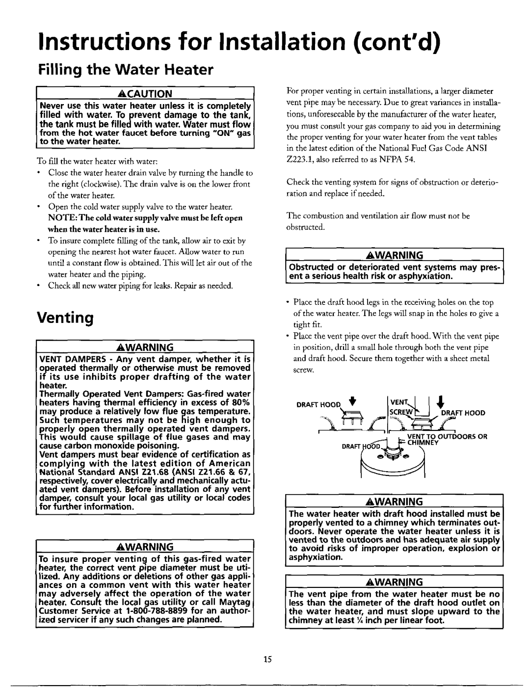 Maytag HN41240X Venting, Filling the Water Heater, Instructions for Installation contd, of the water, heater. The, them 