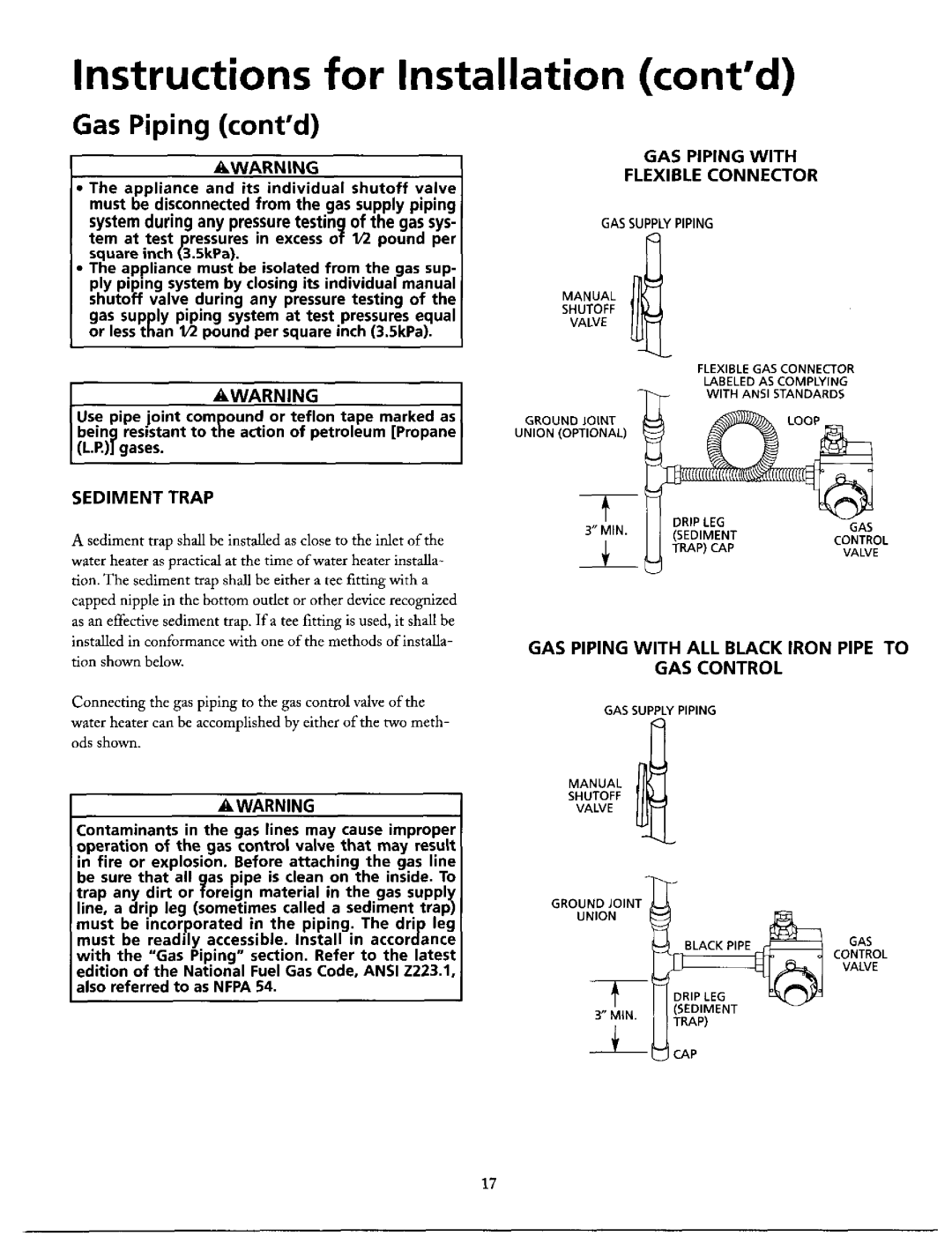 Maytag HN41240X Instructions for Installation contd, Gas Piping, A sediment trap shall be installed, as close, Sediment 