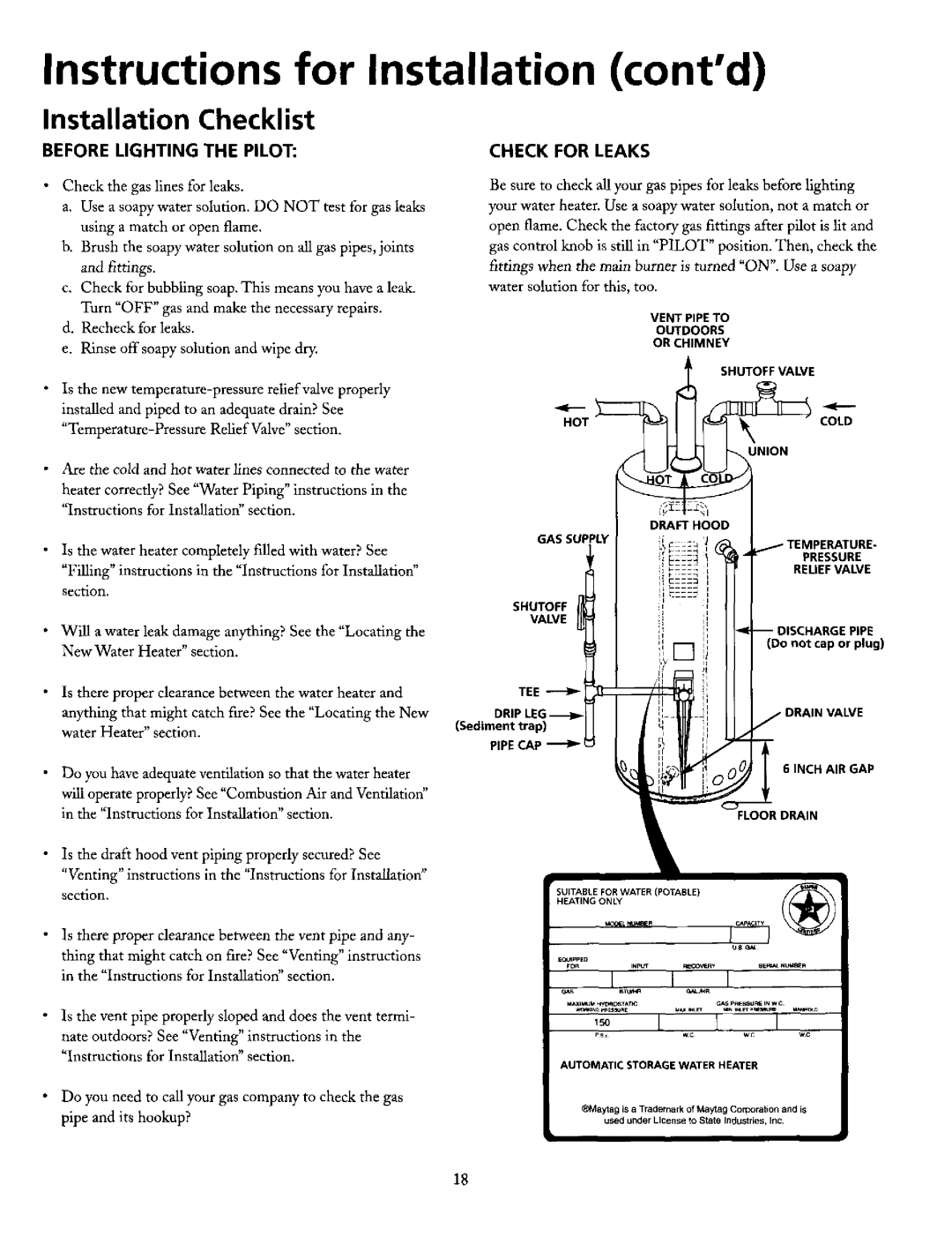 Maytag HN51240X, HN41240X Installation Checklist, Instructions for Installation contd, pipe and its hookup?, Ventpipeto 