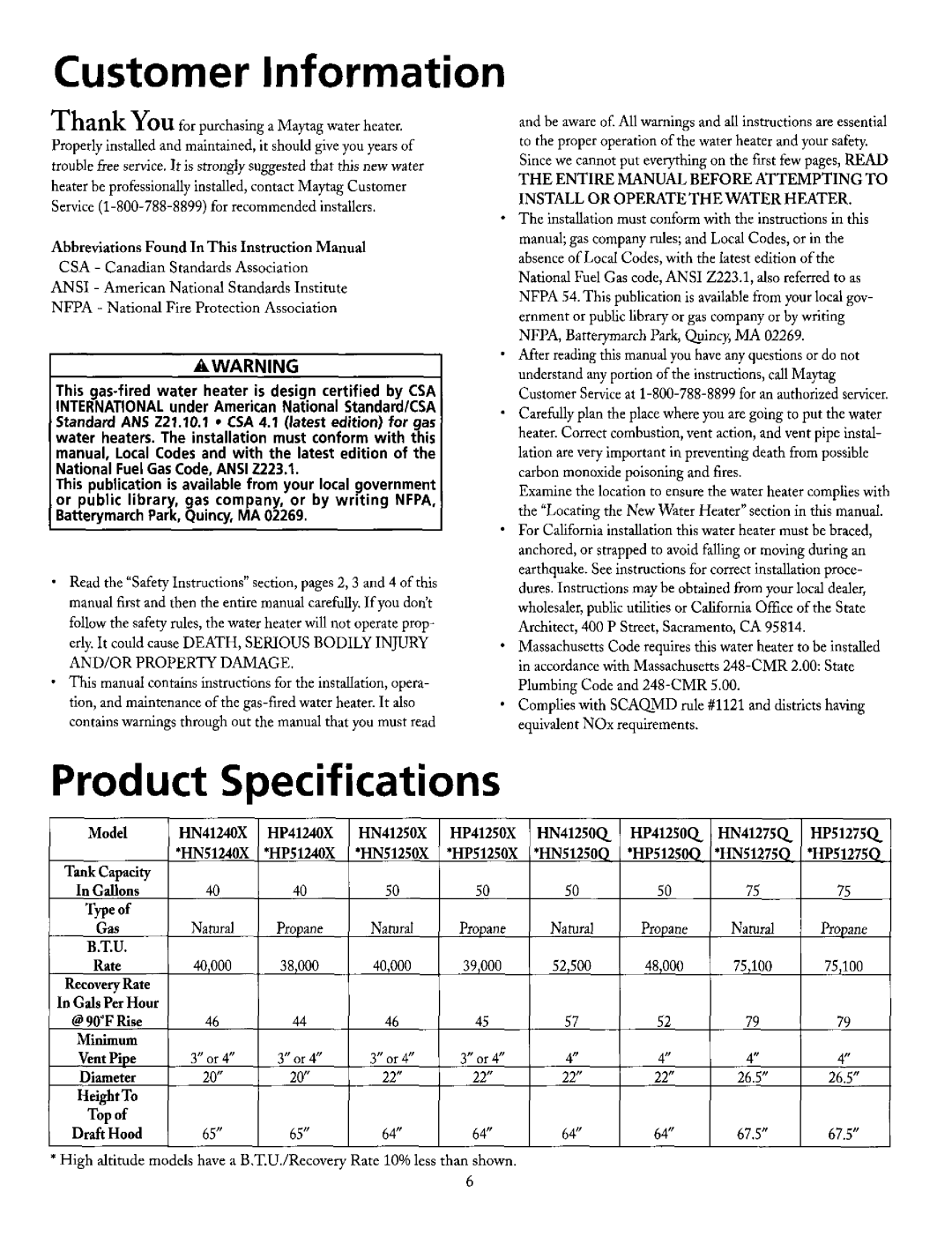 Maytag HN51240X, HN41240X manual Customer Information, Product Specifications 