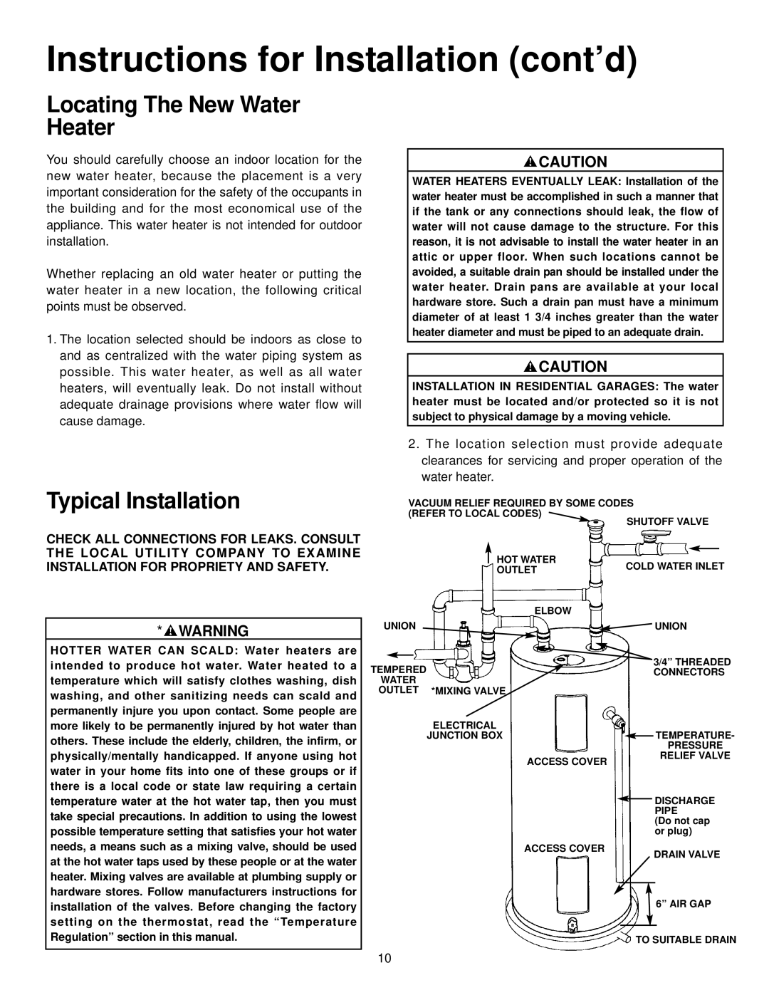 Maytag HR650SJLS, HR652SJRT manual Instructions for Installation cont’d, Locating The New Water Heater, Typical Installation 