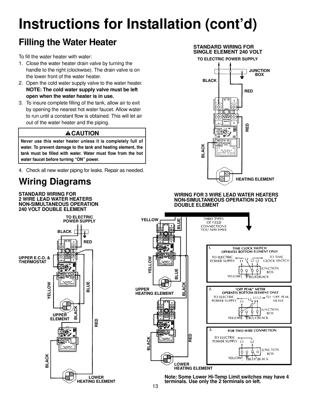 Maytag HR650SJRS, HR652SJRT manual Filling the Water Heater, Wiring Diagrams, Standard Wiring for Single Element 240 Volt 