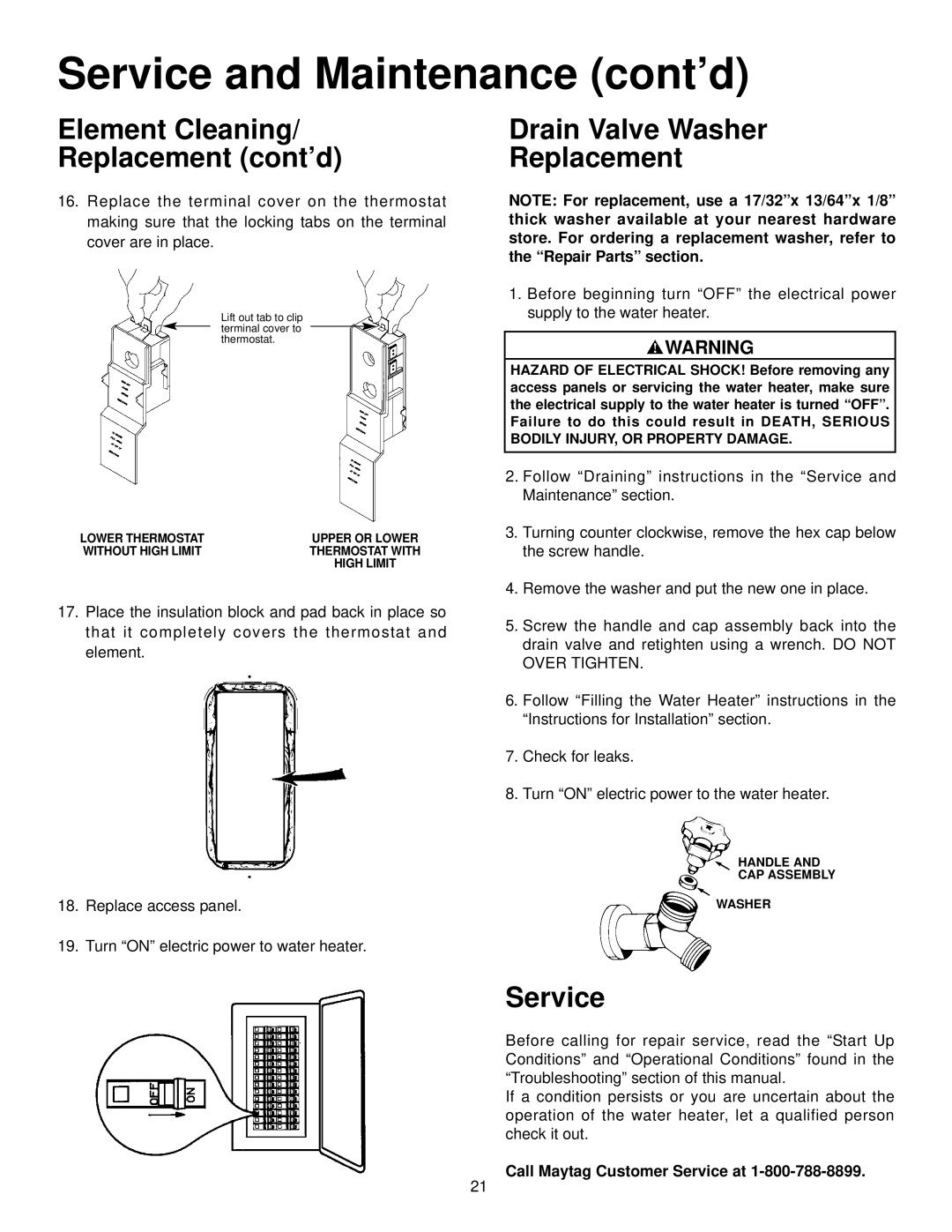 Maytag HR630SJRT, HR652SJRT, HR682SJRT manual Element Cleaning Replacement cont’d, Drain Valve Washer Replacement, Service 