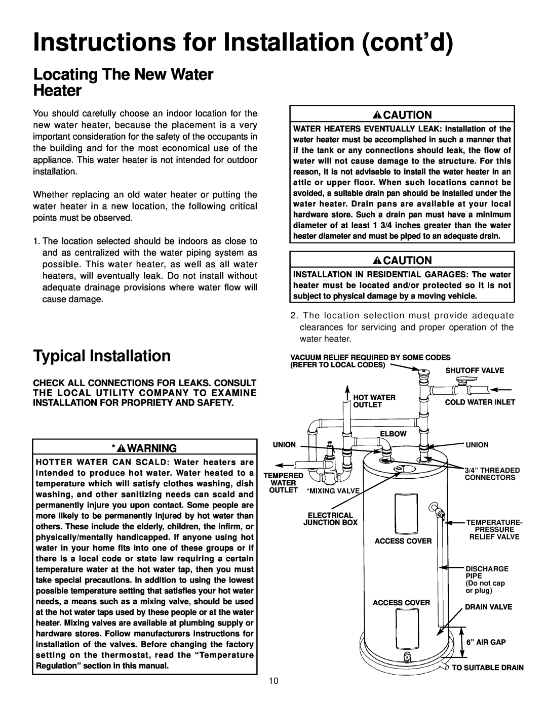 Maytag HR650SJLS, HR652SJRT manual Instructions for Installation cont’d, Locating The New Water Heater, Typical Installation 