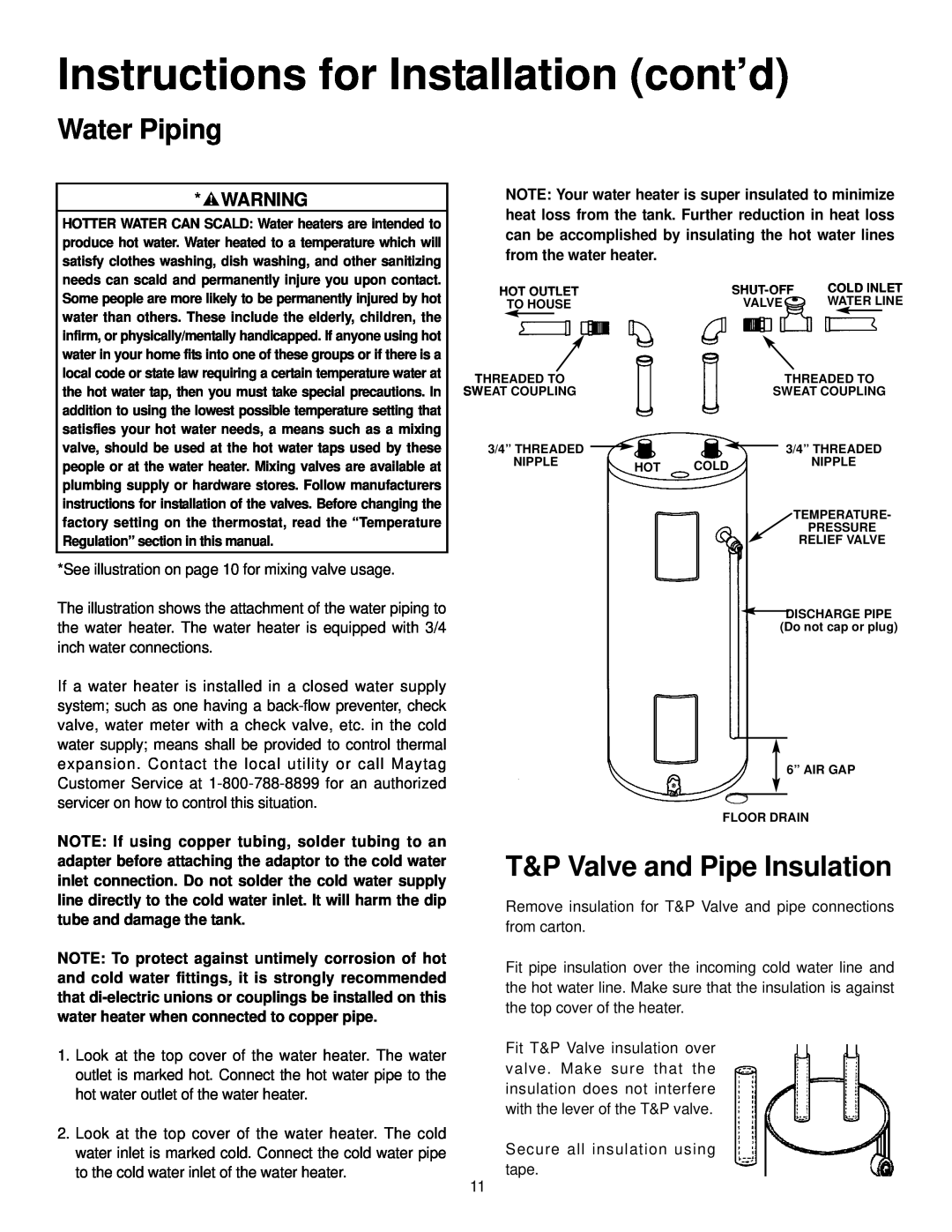 Maytag HR640DJRT, HR652SJRT, HR682SJRT Water Piping, T&P Valve and Pipe Insulation, Instructions for Installation cont’d 