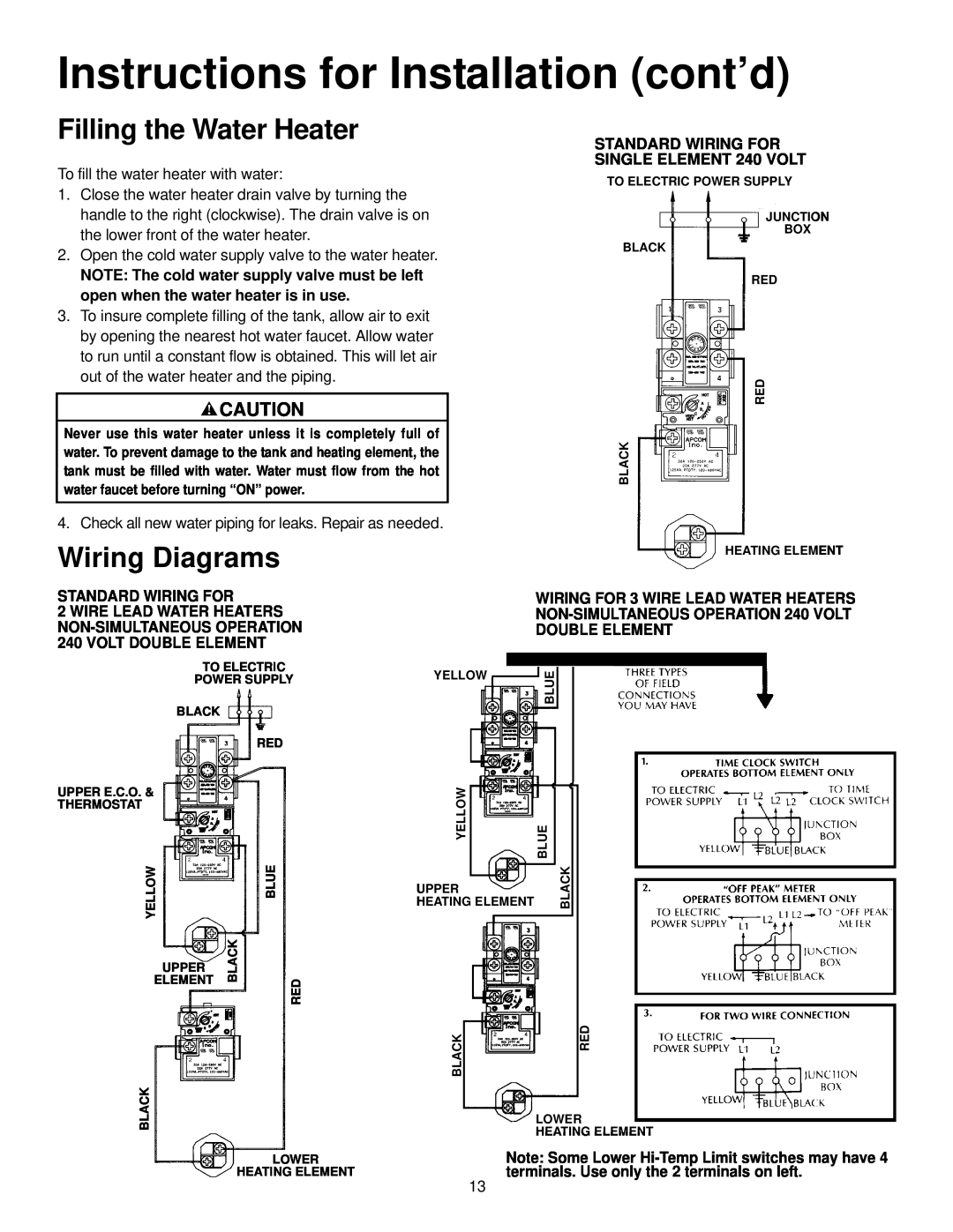 Maytag HR650SJRS Filling the Water Heater, Wiring Diagrams, Instructions for Installation cont’d, Standard Wiring For 