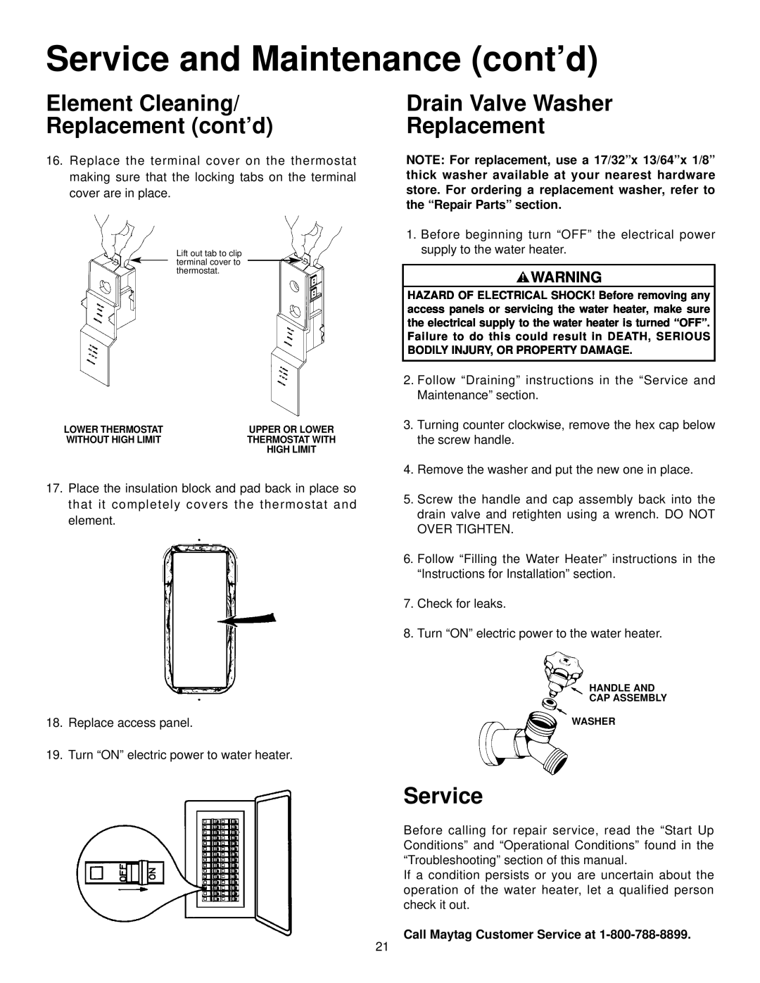 Maytag HR630SJRT, HR652SJRT, HR682SJRT manual Element Cleaning Replacement cont’d, Drain Valve Washer Replacement, Service 