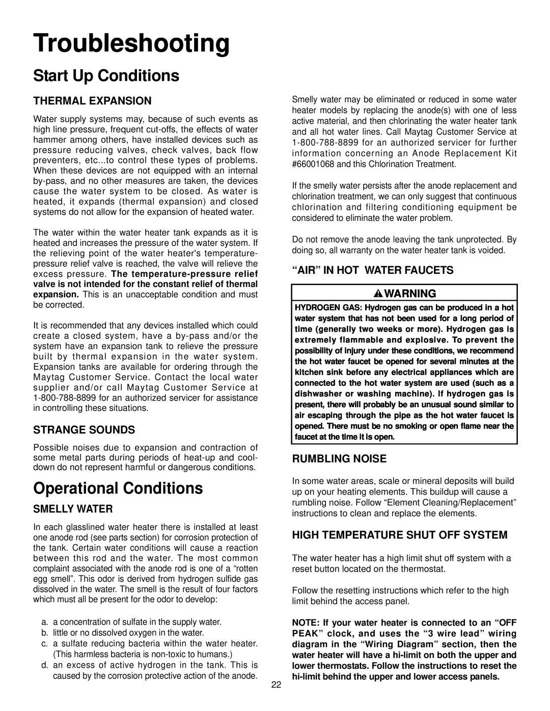 Maytag HR652SJRT manual Troubleshooting, Start Up Conditions, Operational Conditions, Thermal Expansion, Strange Sounds 
