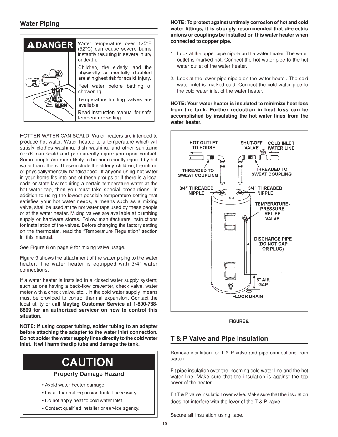 Maytag HRE41250S, HRE11240S, HRE41282T, HRE41250T, HRE41240S, HRE11282T, HRE11250T manual Water Piping, Valve and Pipe Insulation 