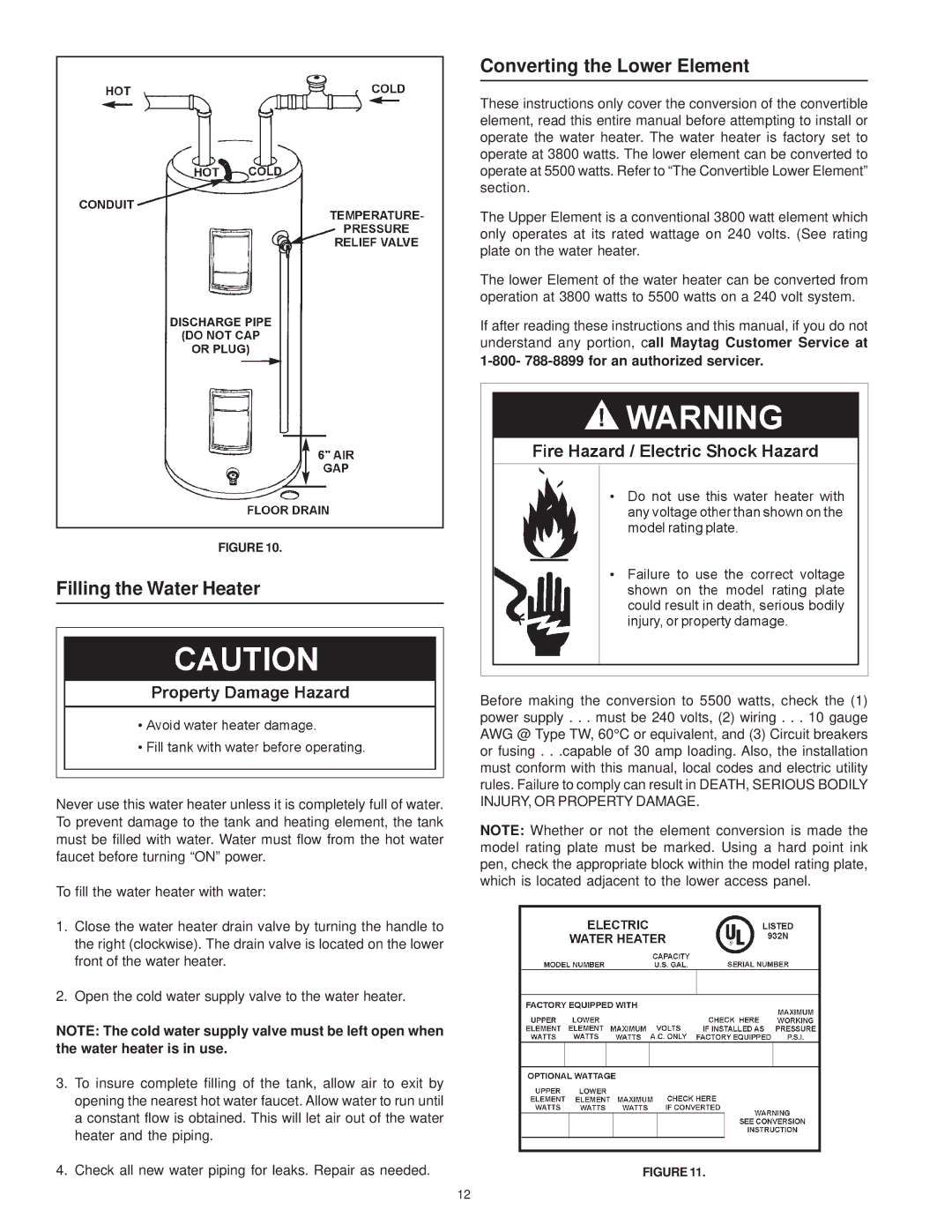 Maytag HRE41240S, HRE11240S, HRE41282T, HRE41250S, HRE41250T, HRE11282T Converting the Lower Element, Filling the Water Heater 