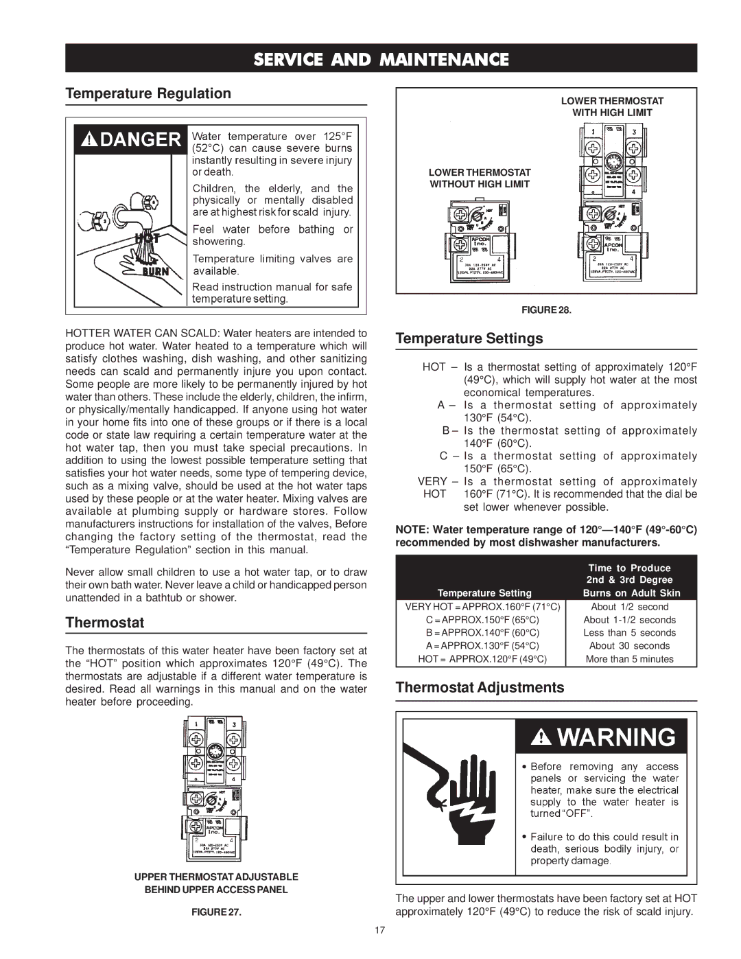 Maytag HRE41282T manual Service and Maintenance, Temperature Regulation, Temperature Settings, Thermostat Adjustments 