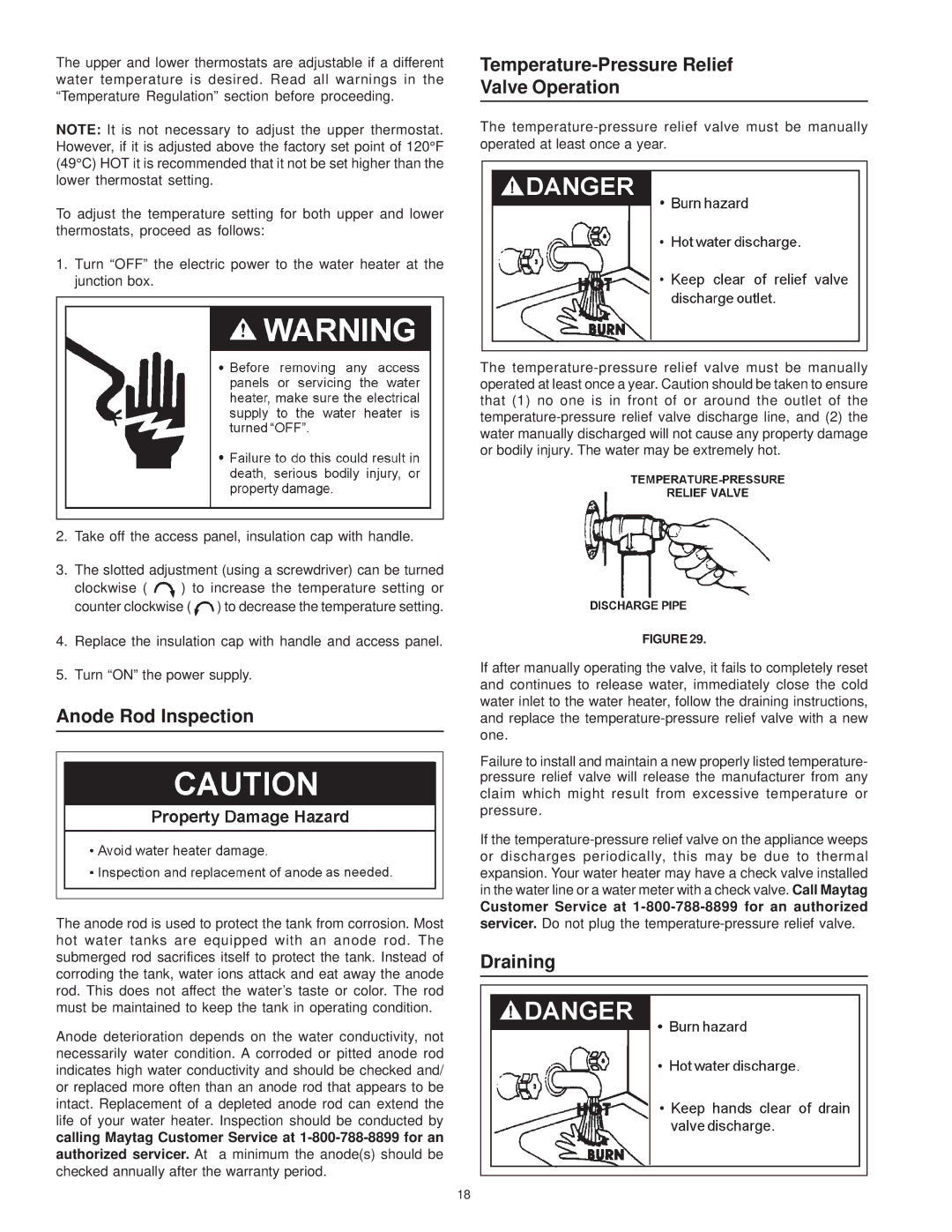 Maytag HRE41250S, HRE11240S, HRE41282T manual Anode Rod Inspection, Temperature-Pressure Relief Valve Operation, Draining 