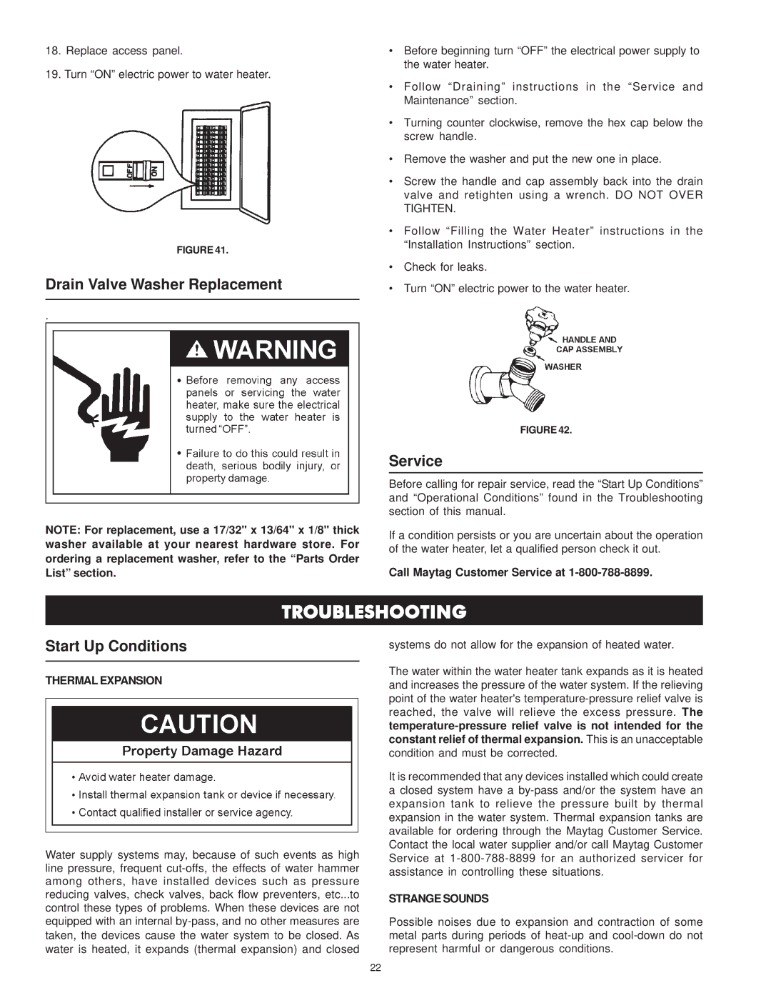 Maytag HRE11250T, HRE11240S, HRE41282T manual Troubleshooting, Drain Valve Washer Replacement, Service, Start Up Conditions 