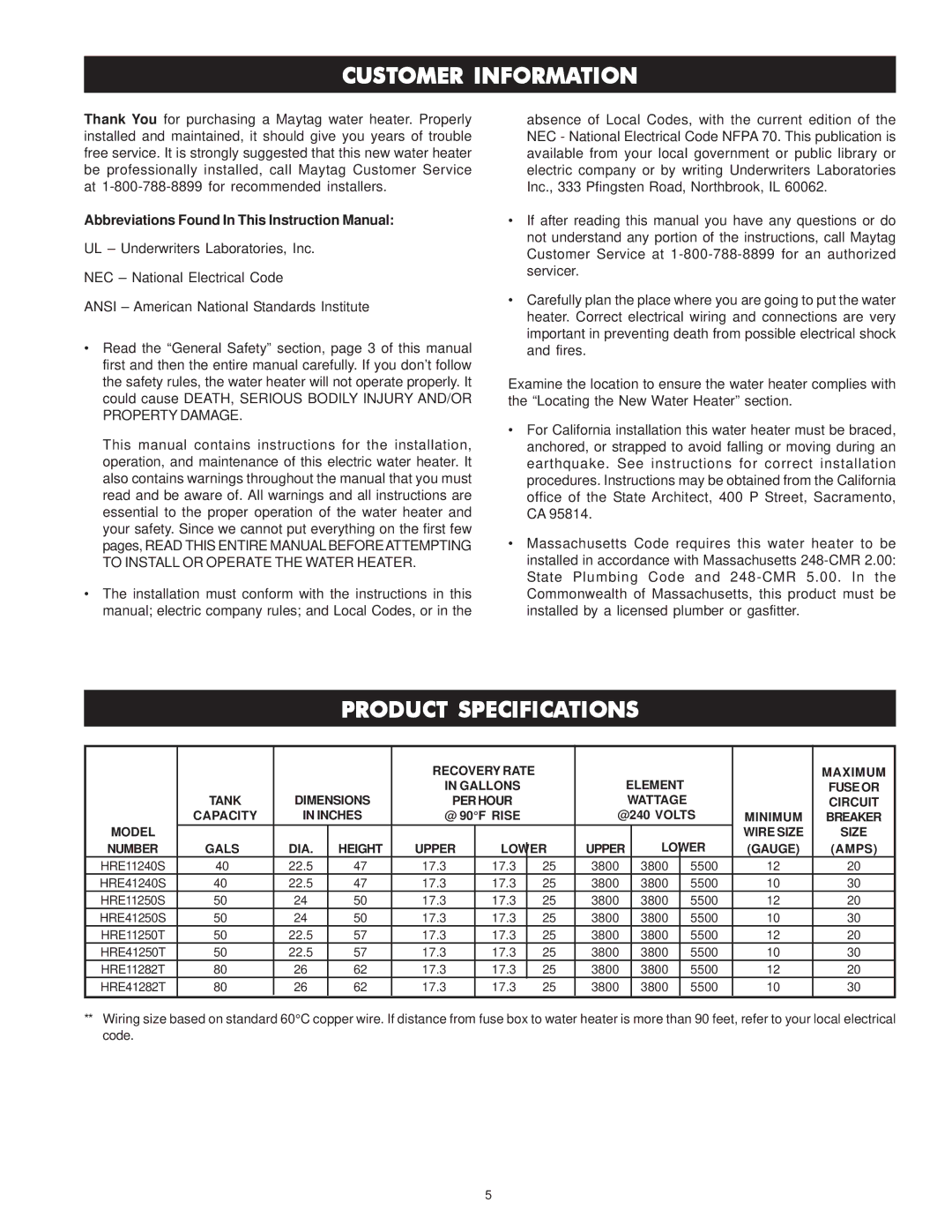 Maytag HRE11282T, HRE11240S, HRE41282T, HRE41250S, HRE41250T, HRE41240S, HRE11250T Customer Information, Product Specifications 