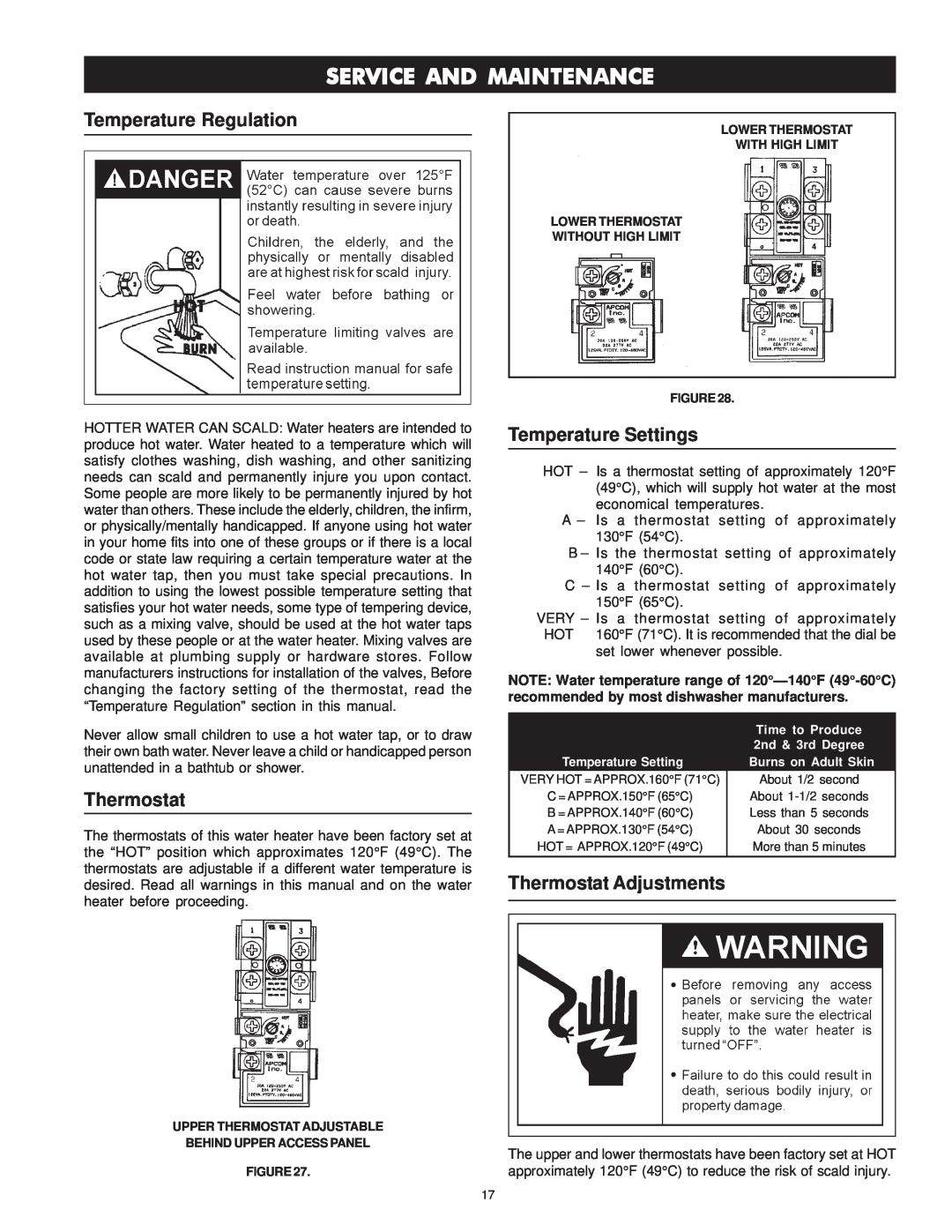 Maytag HRE41282T manual Service And Maintenance, Temperature Regulation, Temperature Settings, Thermostat Adjustments 