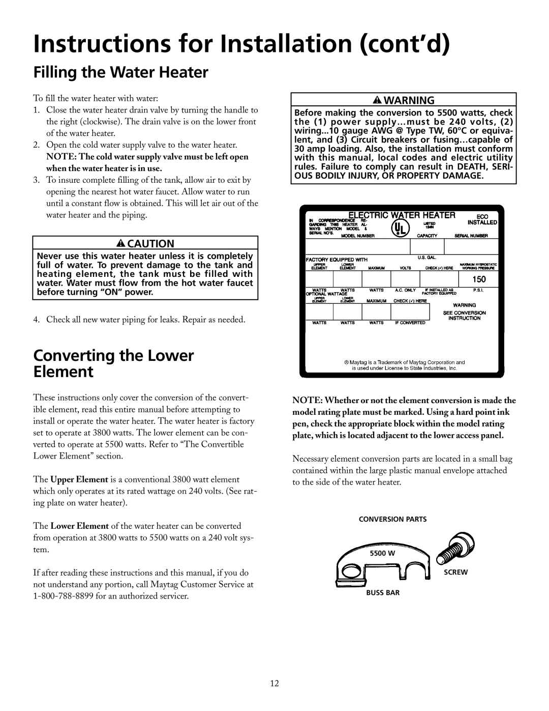 Maytag HRE21250PC, HRE21282PC manual Filling the Water Heater, Converting the Lower Element 